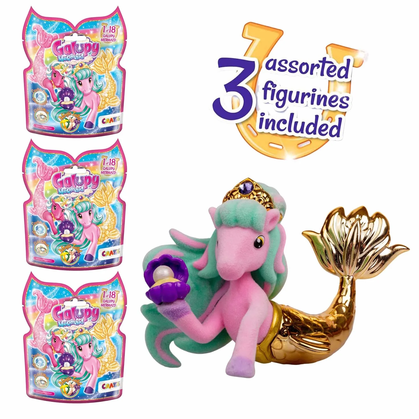 Galupy MERMAID 3-pak – figurki jednorożca syrenka do kolekcjonowania, 3x jednorożec z płetwą i kryształ Swarovski, 18 różnych figurek do zebrania