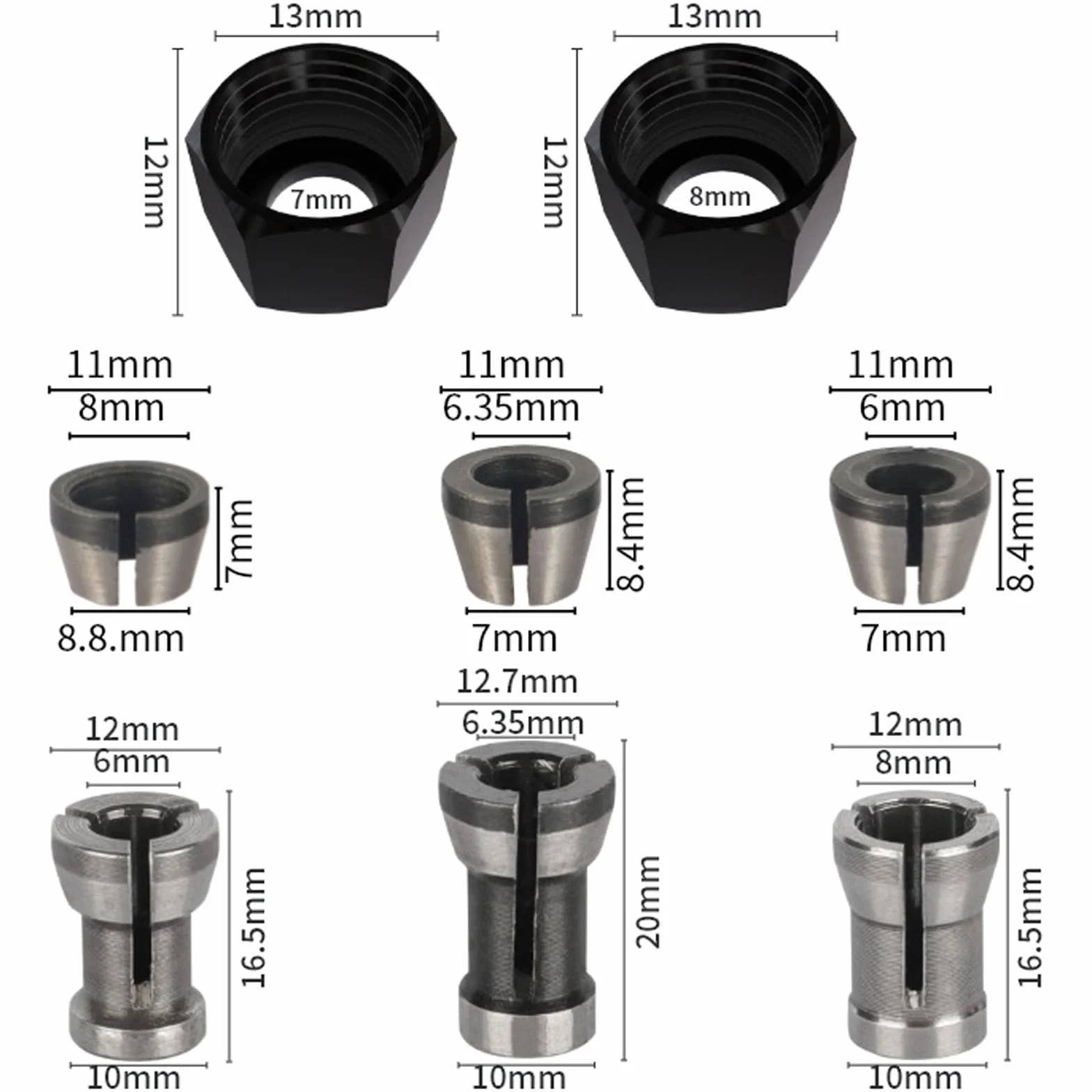 Zestaw 8 sztuk tulejek zaciskowych, stalowe akcesoria frezarskie, 6 adapterów zaciskowych (6 mm, 6,35 mm, 8 mm) z 2 nakrętkami, precyzyjny uchwyt zaciskowy do maszyny do grawerowania, obróbki drewna