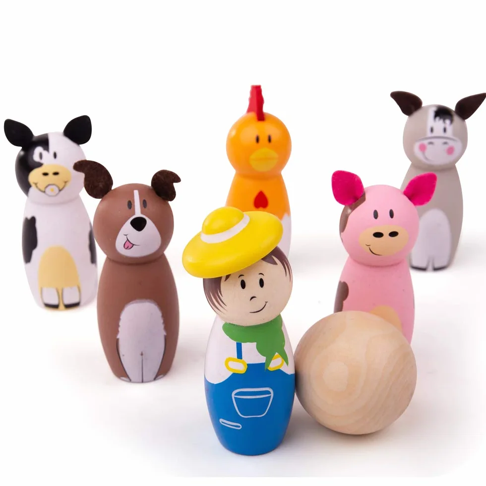 Bigjigs Toys Farm Wooden Skittles - Wooden Skittles for Toddlers with 6 Animal Skittles & 1 Bowling Ball, Educational Toy & Gifts for Kids aged 2 years +