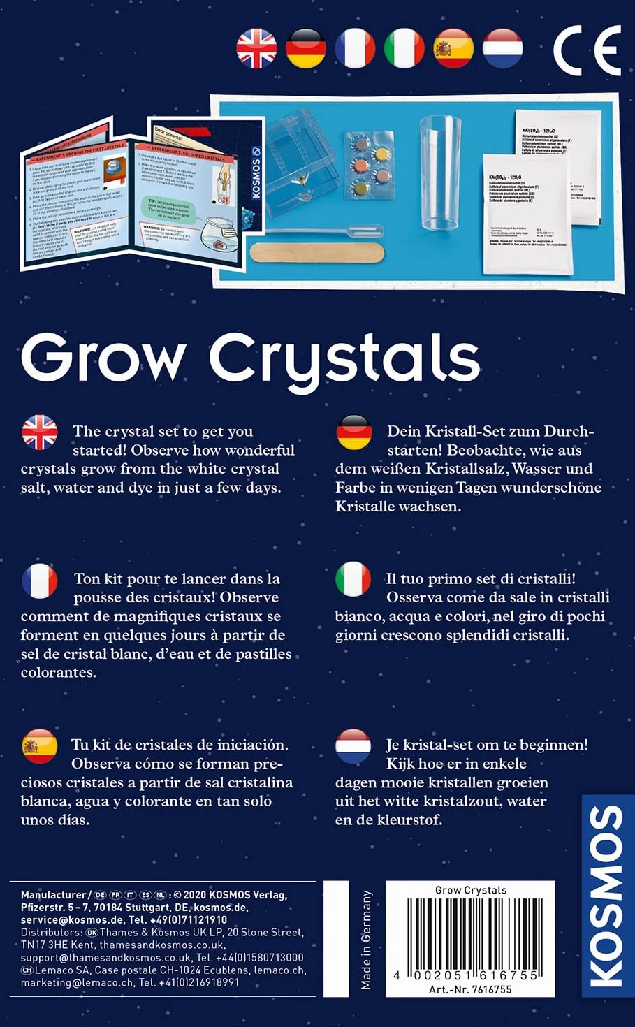 KOSMOS 616755 Grow Crystals - zestaw eksperymentów w hodowli kryształów dla dzieci z wielojęzycznymi instrukcjami (DE, EN, FR, IT, ES, NL)