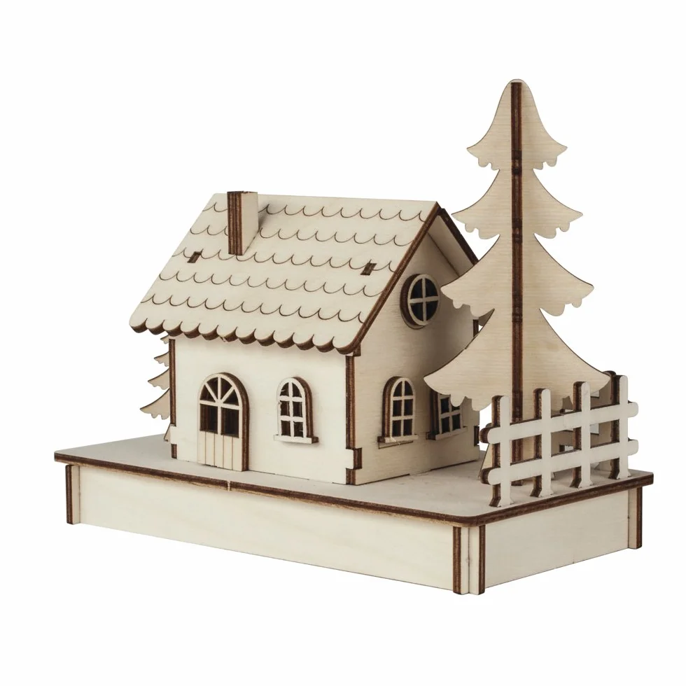 Rayher Drewniany zestaw do budowy domku, zestaw 3D z drewna, certyfikat FSC, naturalny, 17,5 x 9,4 x 14 cm, zestaw 30 elementów, 46299000