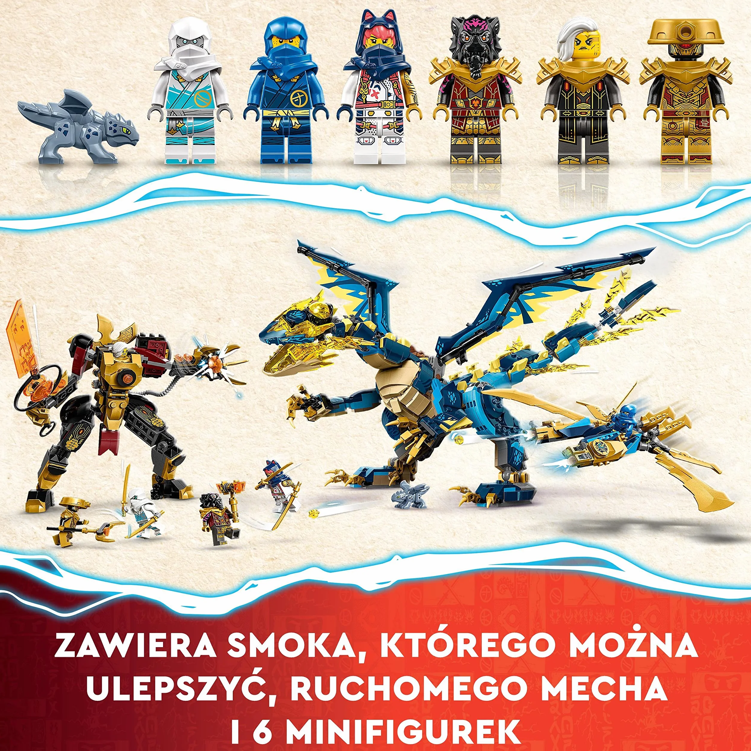 LEGO NINJAGO Smok żywiołu kontra mech cesarzowej, duży zestaw, smok zabawka dla dziecka z figurką akcji, szybowcem ninja i 6 minifigurkami, Dragons Rising, prezent dla chłopca i dziewczynki, 71796