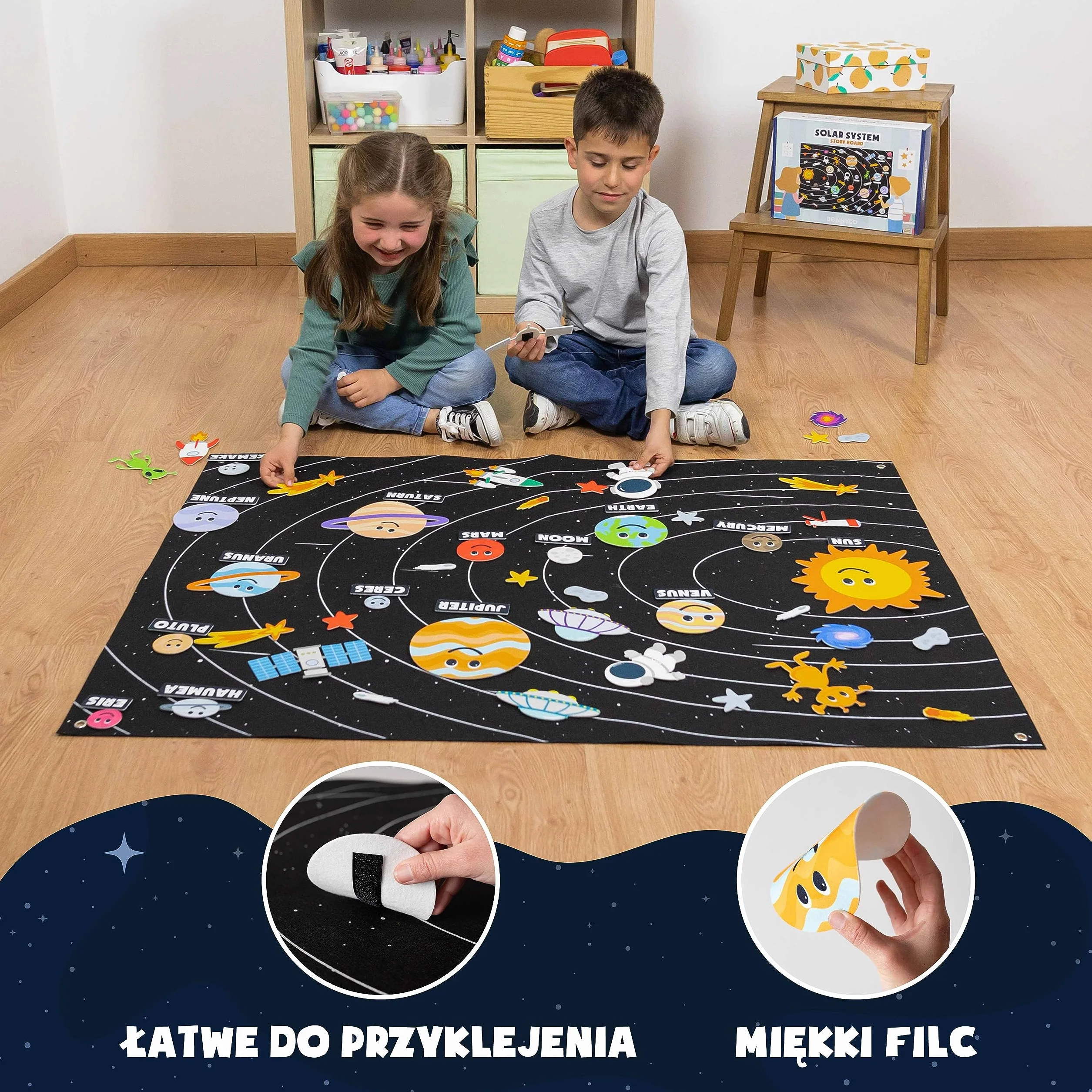 BONNYCO Układ Słoneczny dla Dzieci z 61 Filcowymi Figurkami. Chłopcy, Dziewczynki, Prezenty Urodzinowe. Zabawki Montessori, Planety Filcowe na Prezenty dla Dzieci 3 4 5 6 7 8 Boże Narodzenie