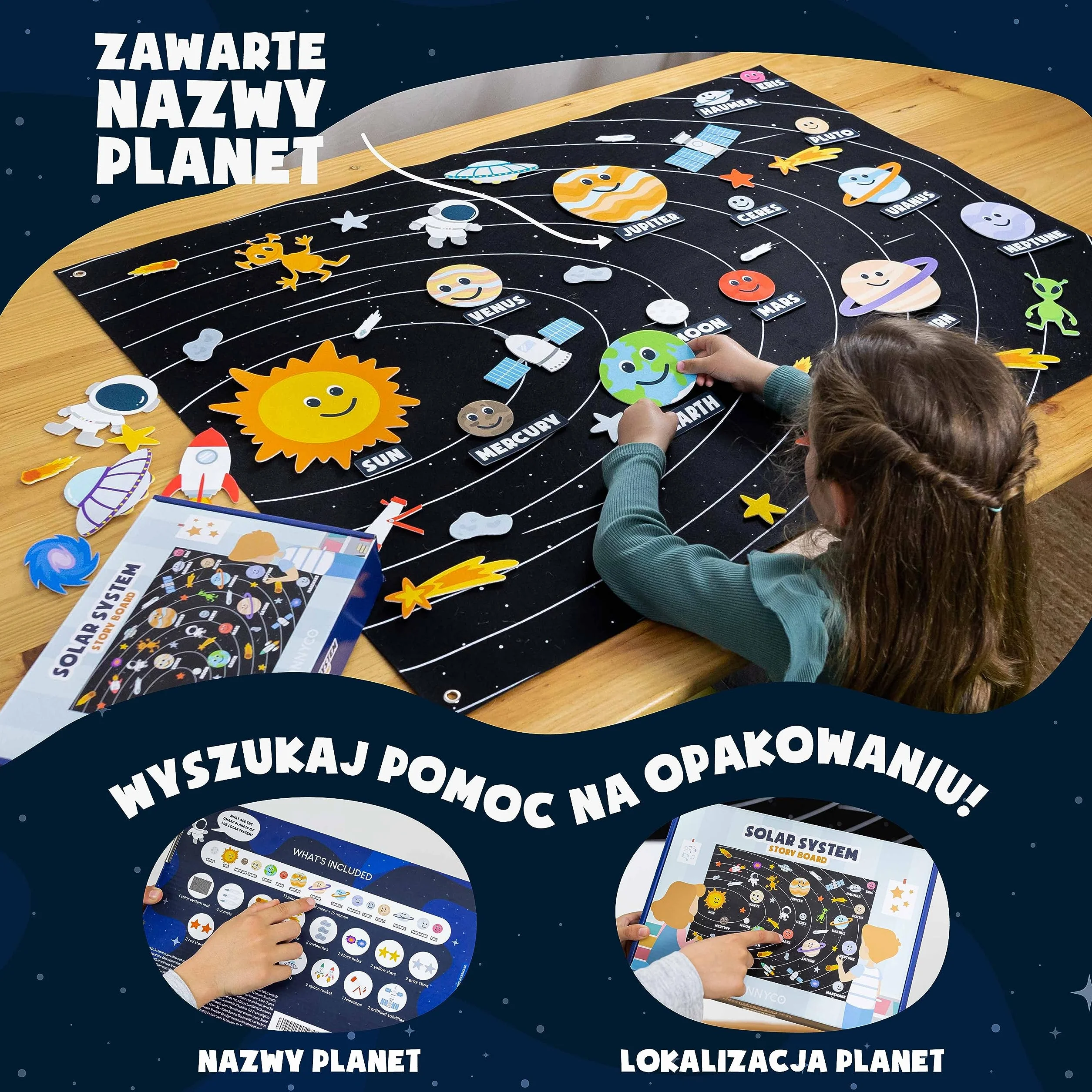 BONNYCO Układ Słoneczny dla Dzieci z 61 Filcowymi Figurkami. Chłopcy, Dziewczynki, Prezenty Urodzinowe. Zabawki Montessori, Planety Filcowe na Prezenty dla Dzieci 3 4 5 6 7 8 Boże Narodzenie