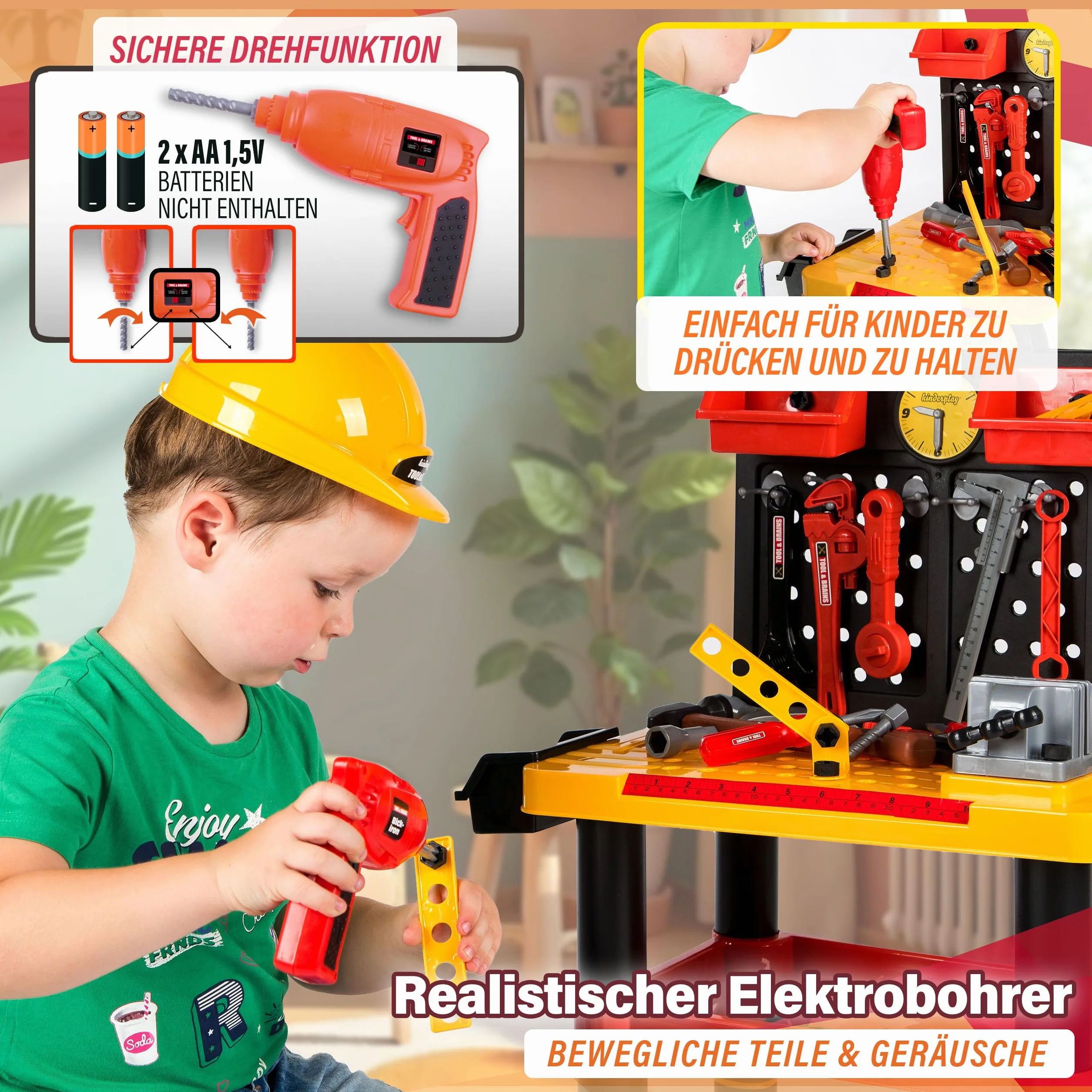 Kinderplay Warsztat dla Dziecka - warsztat dla dzieci, zestaw majsterkowicza z wiertarką i kaskiem, KP2646