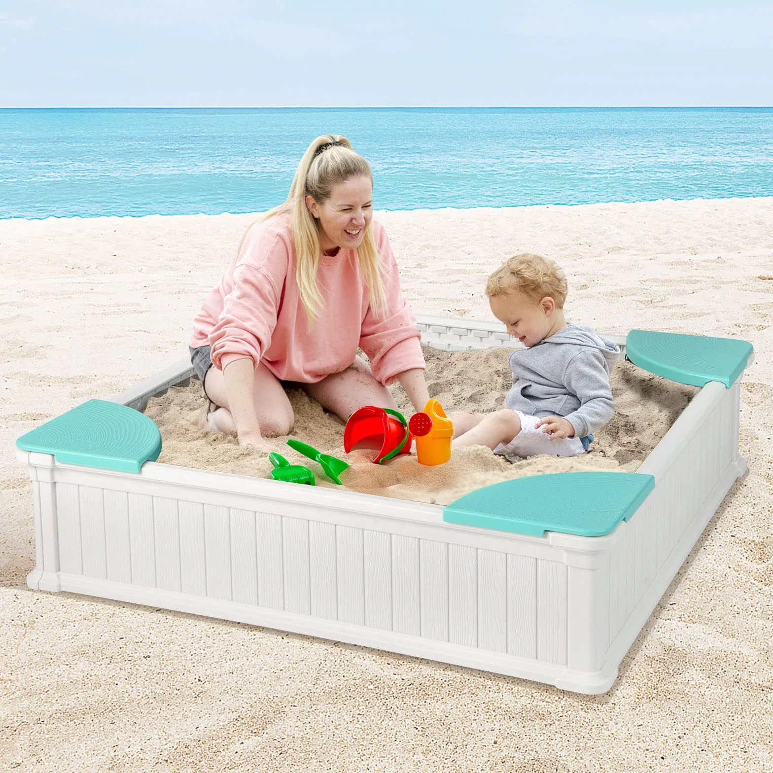 COSTWAY Piaskownica dziecięca z drewna 123,5 x 123,5 x 31,5 cm z 4 siedzeniami kwadratowa HDPE do ogrodu biała