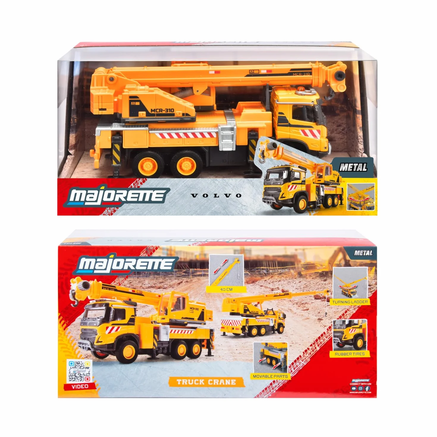 Majorette Wózek dźwigowy Volvo FMX Truck Crane (22 cm) – duży pojazd budowlany z wysuwanym ramieniem dźwigowym, wciągarką linową, wolnym biegiem i gumowymi oponami, zabawka dla dzieci od 3 lat