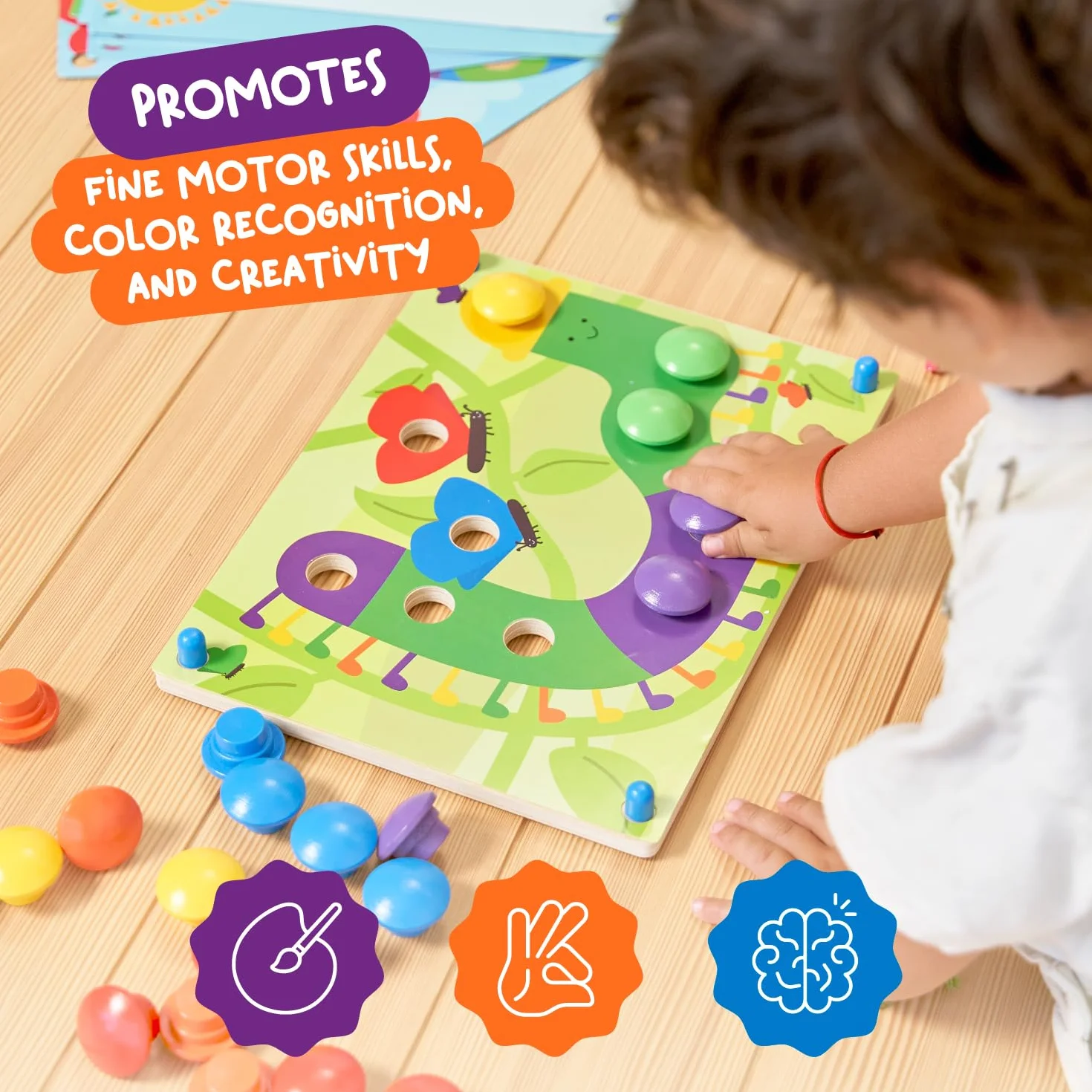 Nene Toys Drewniana Tablica z Guzikami dla Dzieci 2+ – Edukacyjna Układanka Montessori – Kolorowe Guziki i Karty do Dopasowywania – Nauka Kolorów i Motoryki dla Chłopców i Dziewczynek 2–4 Lata