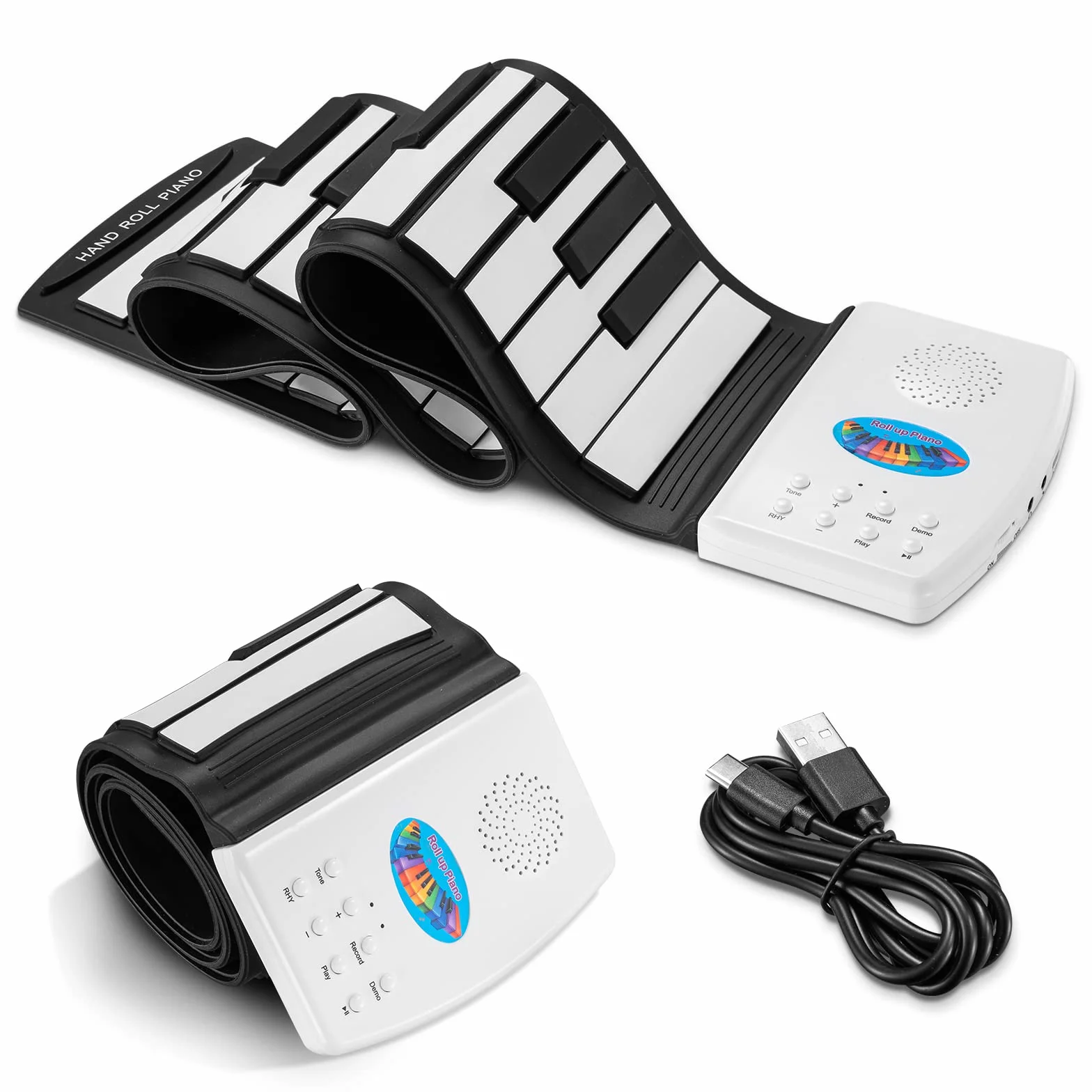 POGOLAB 49 klawiszy, ręcznie zwijana klawiatura, pianino cyfrowe, elektryczne składane pianino z 47 tonami, 14 demo, 128 rymowanek, mikrofonowe gniazdo słuchawkowe, przenośne, ładowalne, mini pianino