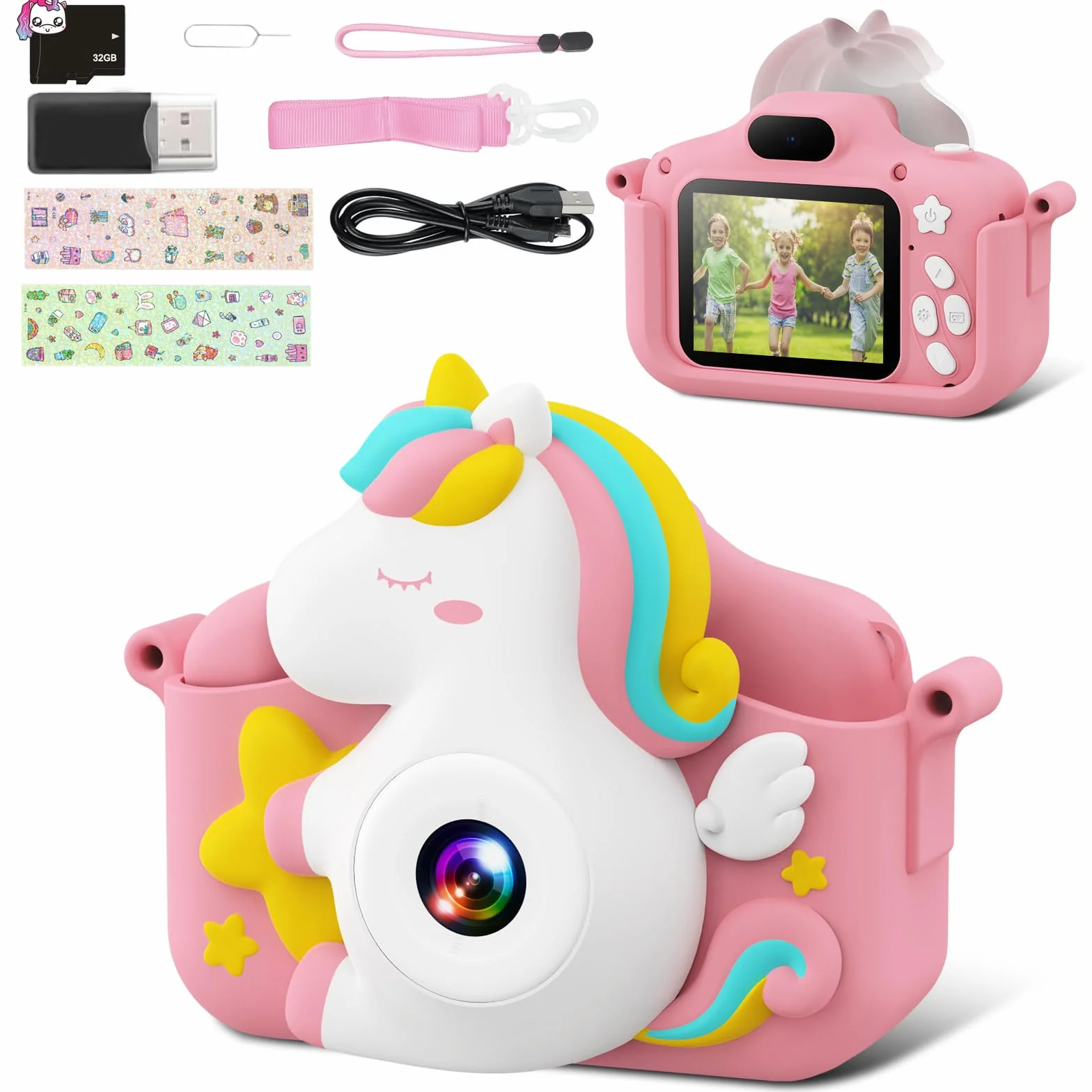 Kamera dla dzieci CAMCLID, aparat cyfrowy dla dzieci 2,0" 1080P HD dla dziewcząt i chłopców z kartą 32 GB, kamera wideo Urodziny, zabawki świąteczne Prezenty dla maluchów w wieku 3–10 lat (różowy)