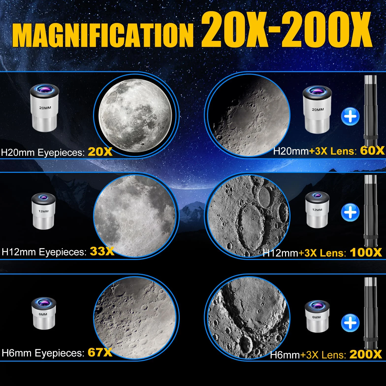 Teleskop Astronomiczny 500/70mm, 200x, ze statywem, adapter do telefonu, filtr księżycowy i 3 okulary, dla początkujących i dzieci
