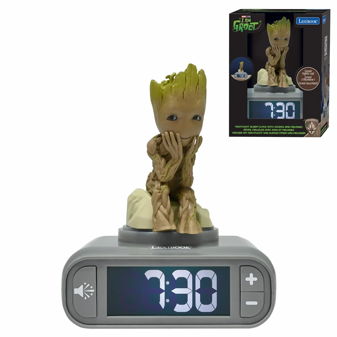 Lexibook, Marvel Guardians Of The Galaxy, Budzik Nocny Groot, Dźwięki i Melodie, Podświetlany Ekran LCD, Podświetlenie, Drzemka, Szary, Brązowy, RL800GG