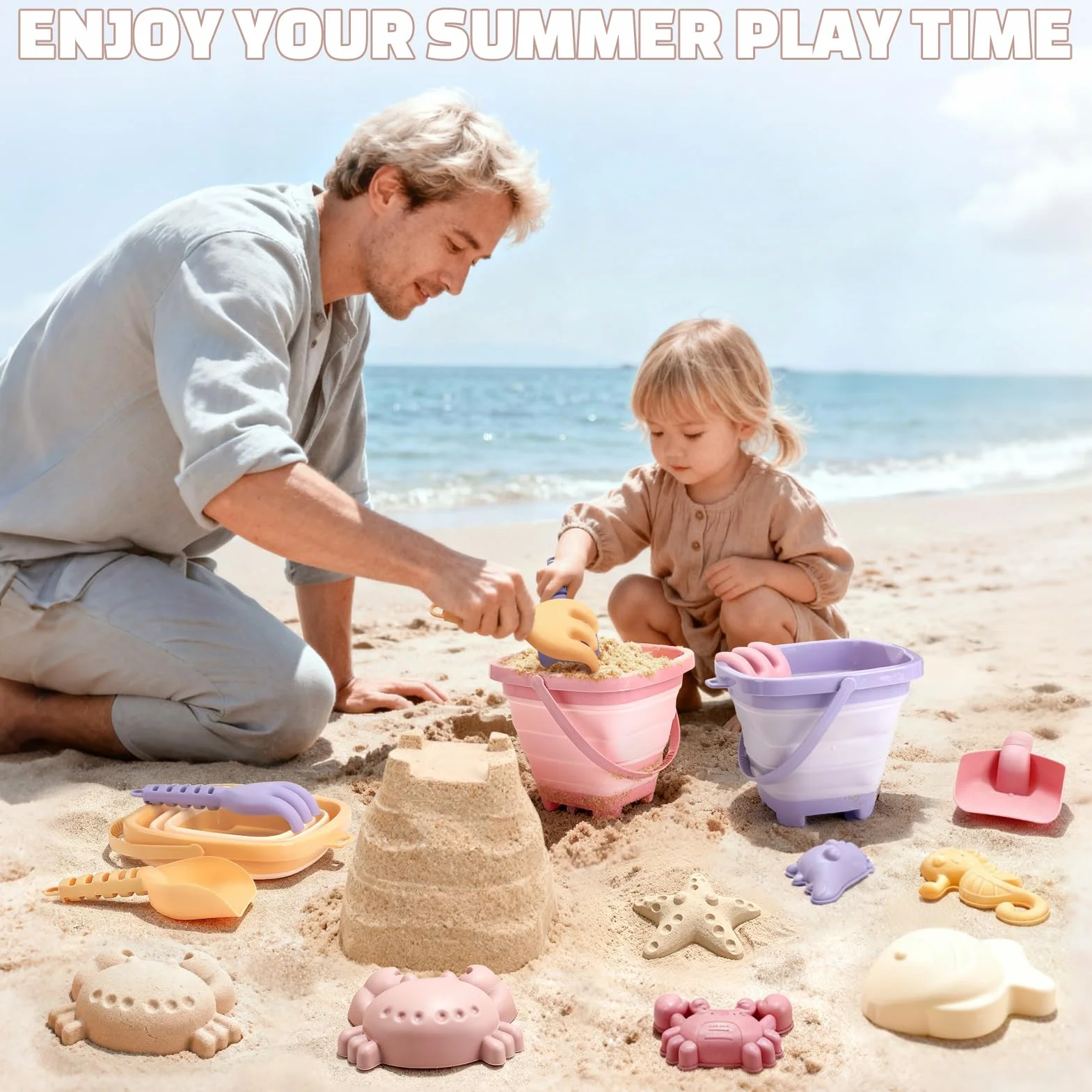 Dreamon Zabawka do piasku, zabawka plażowa, dla dzieci, 18 sztuk, zabawka podróżna ze składanym wiadrem, piaskownica, zabawka na plażę, dla dzieci od 1, 2, 3, 4, 5 lat, dla dziewczynek i chłopców