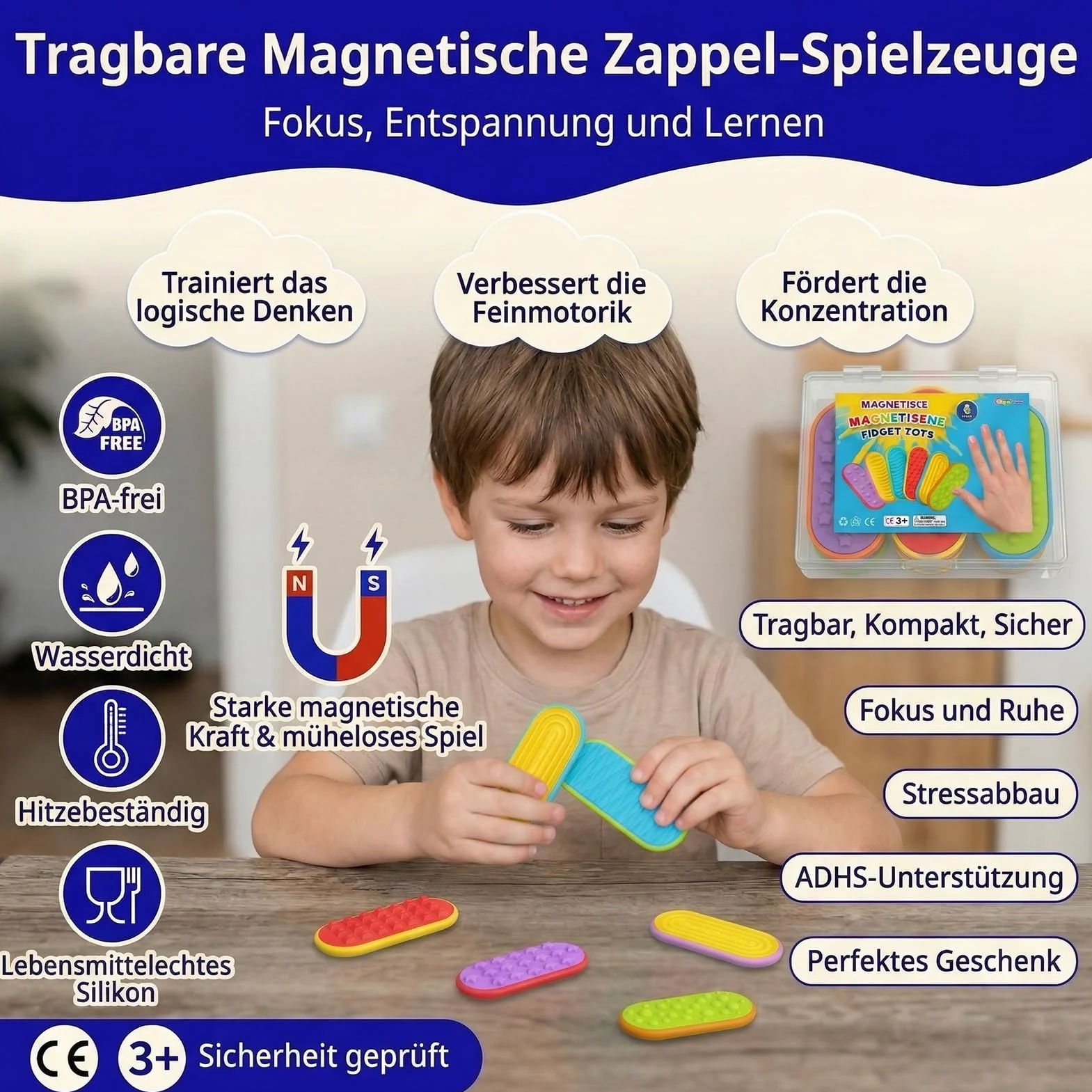 Magnetyczne zabawki fidget Toys Slider zestaw 6 sztuk z pudełkiem do przechowywania – cicha zabawka sensoryczna z funkcją przesuwania, kompaktowa i uporządkowana, ciche zajęcia ręczne na co dzień, do