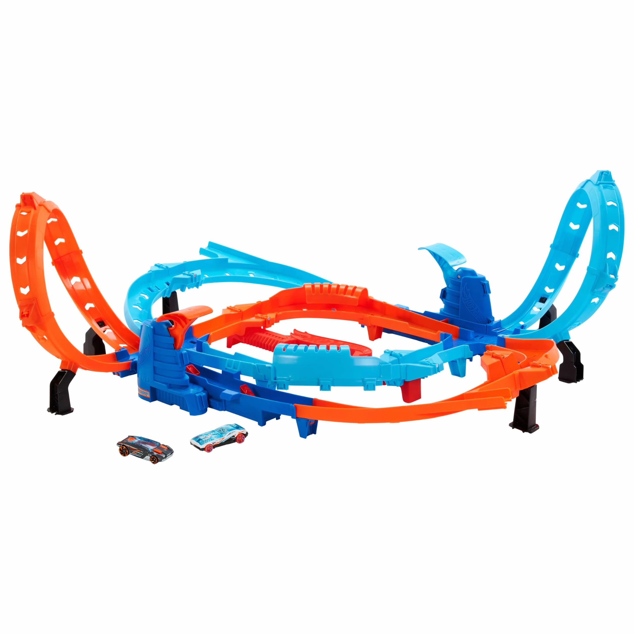 Hot Wheels Ultra Hots Pojedynek z turboprzyspieszeniem Zestaw do zabawy + 2 samochody w skali 1:64, tory wyścigowe i popisy kaskaderskie z 2 wyrzutniami, HXR71