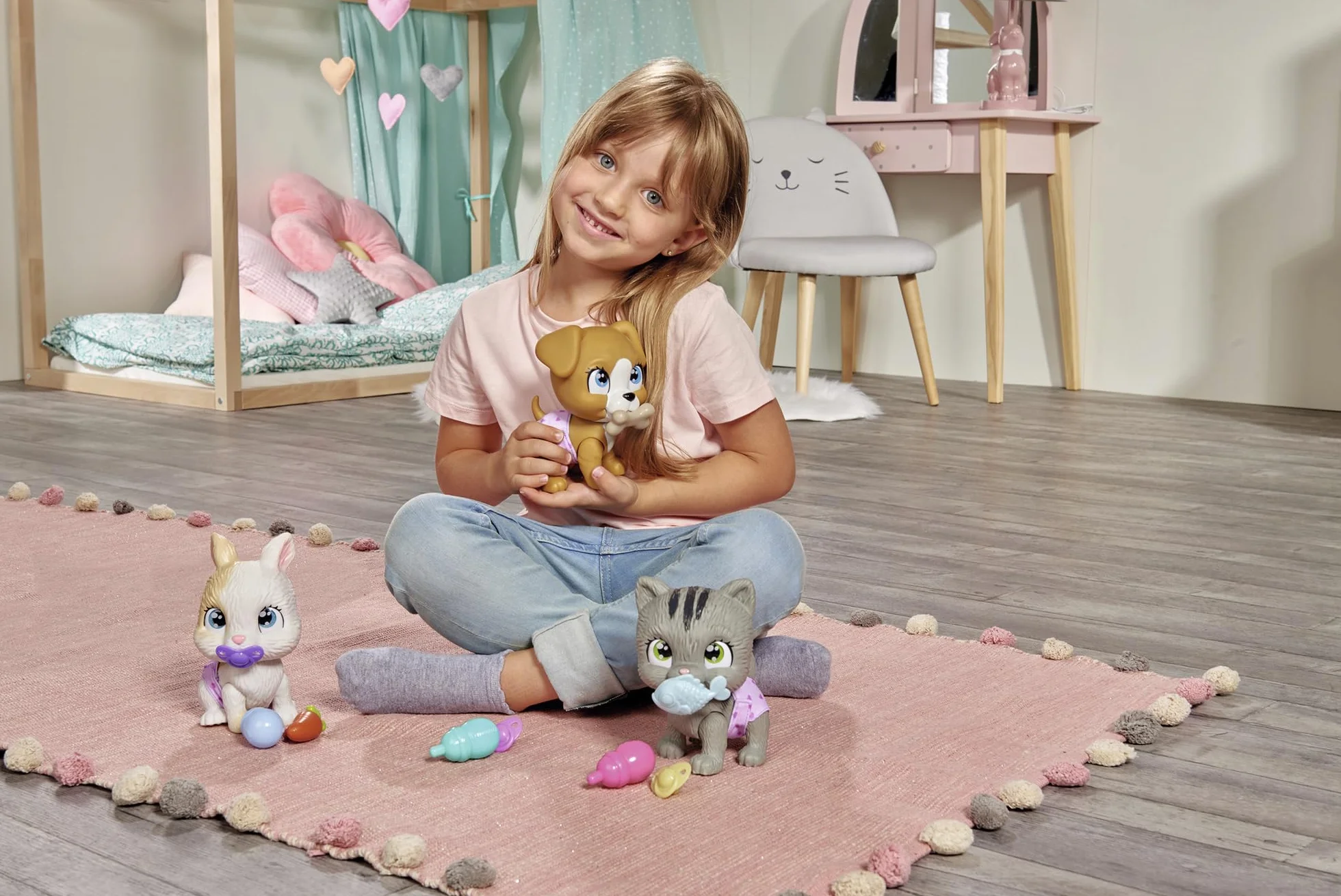 Simba 105953050 Pamper Petz Piesek z funkcją picia i siusiania 15 cm, szczeniaczek z akcesoriami - niespodziankami, magiczna łapka zdradza płeć pupila, zwierzak dla dzieci od 3 lat