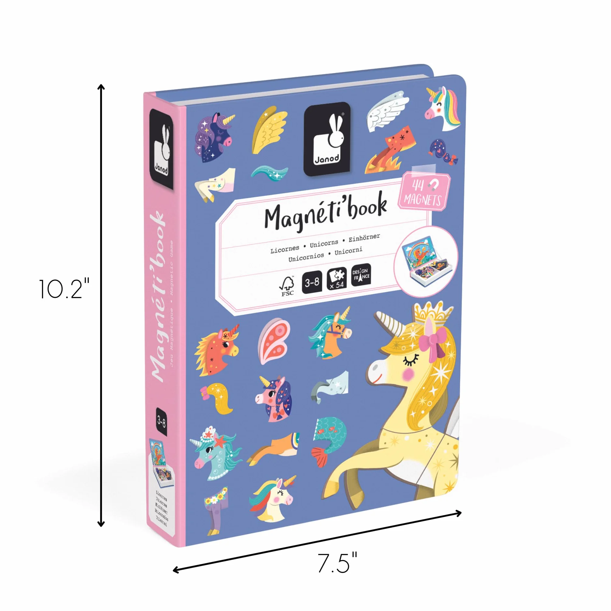 Janod J02584 Magnéti'Book magnetyczna zabawka edukacyjna z motywem jednorożca, 44 magnesy + 10 szablonów zabawek dla dzieci z kartonu FSC, wspiera zręczność i fantazję przez 3 lata, wielokolorowa