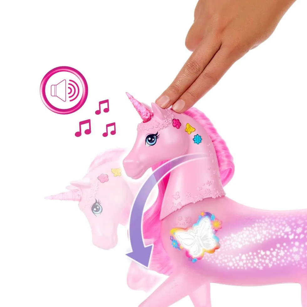 Barbie Magiczny jednorożec Baśniowe światełka Interaktywna zabawka jednorożec z 20 kombinacjami światełek, dźwięków i muzyki, zabawa aktywowana naciskaniem przycisków i głowy, JCP78