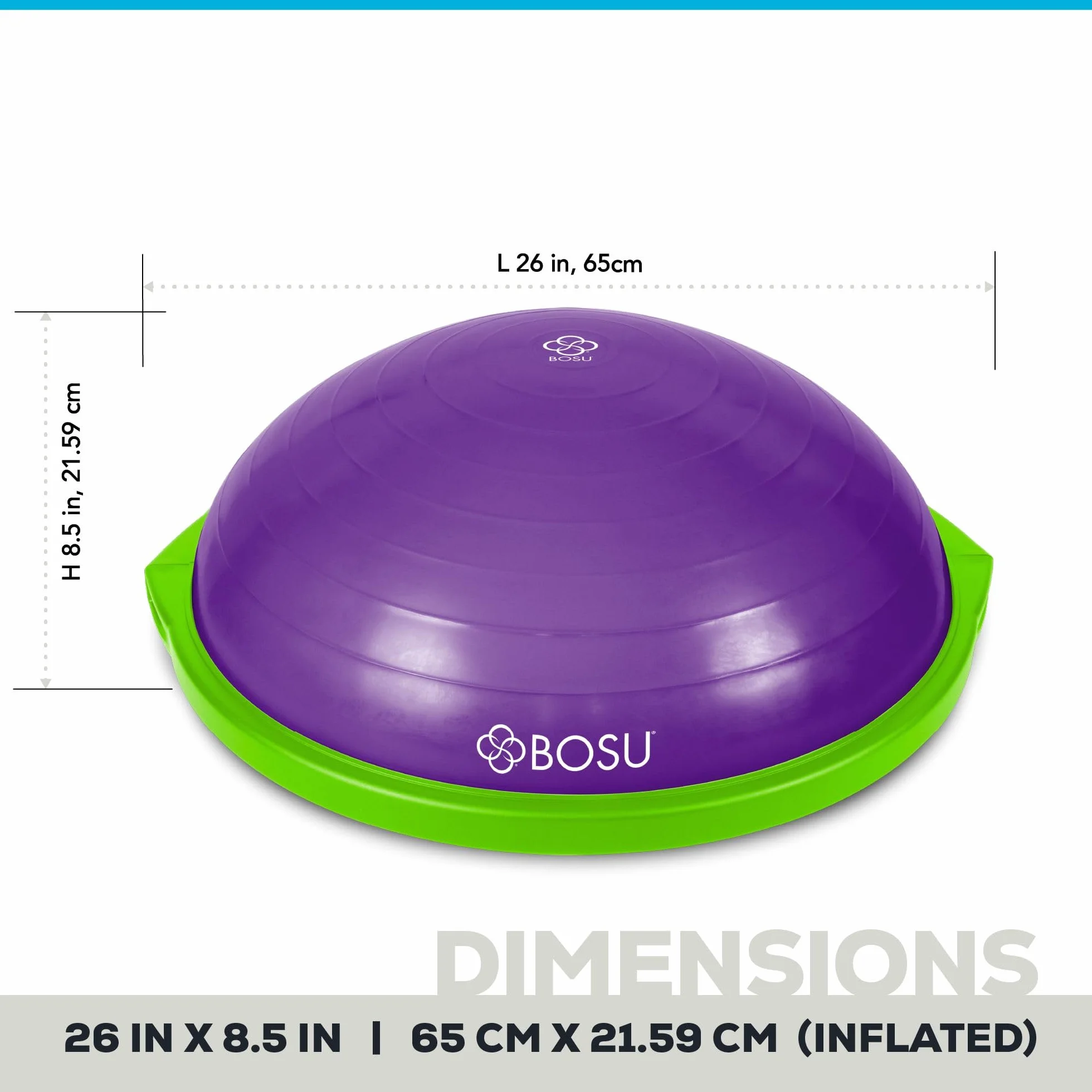 Bosu Balance Ball Trenażer równowagi, sprzęt do ćwiczeń w domu z przewodnikami treningowymi i pompką, 66 cm, niebieski – nadmuchiwana platforma fitness do treningu siłowego, ćwiczeń, równowagi