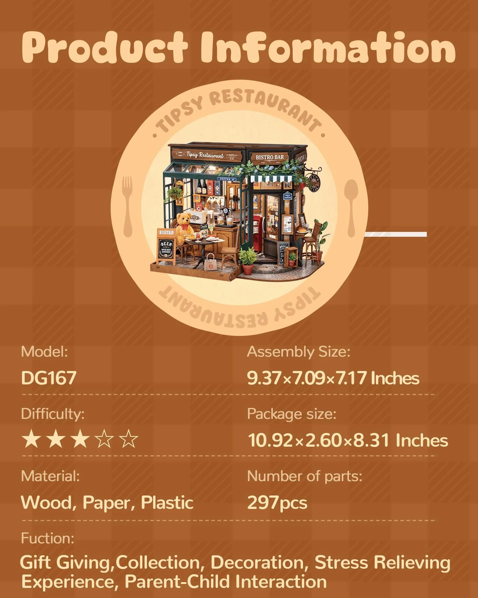 ROWOOD Zestaw domku dla lalek, Tipsy Restaurant, DIY miniaturowy dom rzemieślniczy pokój budowlany, drewniane zestawy modeli z akcesoriami dla dorosłych i nastolatków do budowania, wyjątkowy prezent
