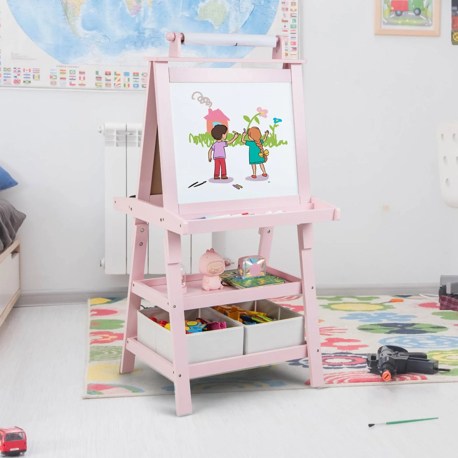 LIFEZEAL 3 w 1 Dwustronny stolik dla dzieci w kolorze białym i czarnym, dla chłopców i dziewczynek, 3 lata z 2 pojemnikami na 2 półki, zabawka edukacyjna (różowa)