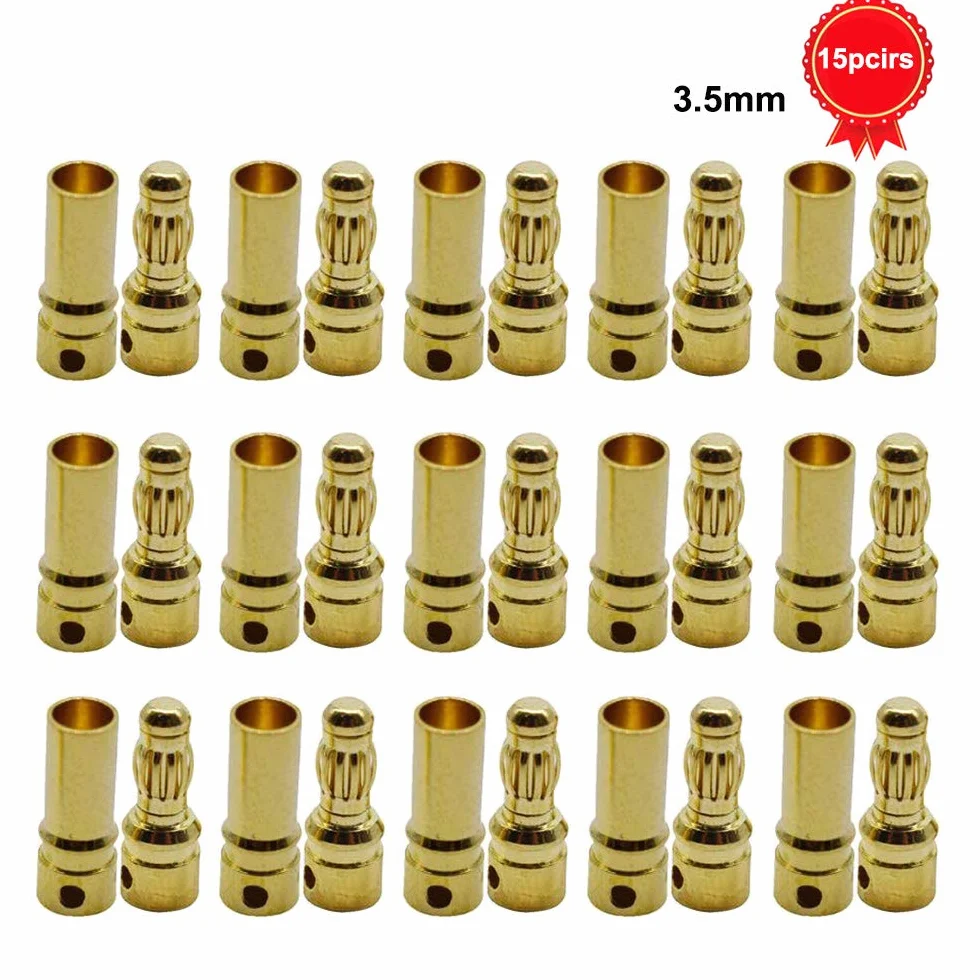 GTIWUNG 15 par pozłacanych wtyczek bananowych, 3,5 mm, do silnika, bezszczotkowy silnik ESC, pozłacane wtyczki bananowe, wtyki kulowe (15 szt. 3,5 mm męski wtyk + 15 szt. 3,5 mm wtyk żeński 3,5 mm)