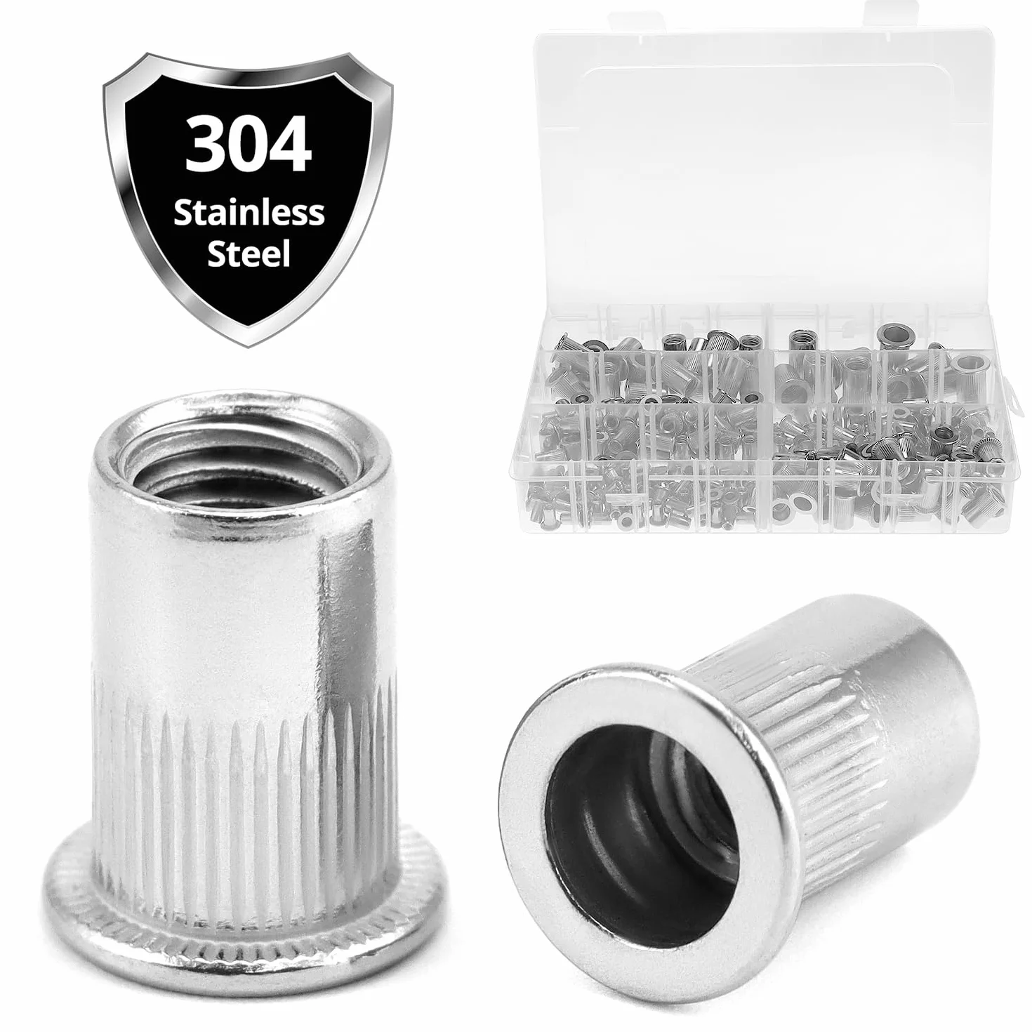 QWORK® 250 sztuk nitonakrętek ze stali nierdzewnej 304, zestaw 6 rozmiarów, M3, M4, M5, M6, M8, M10