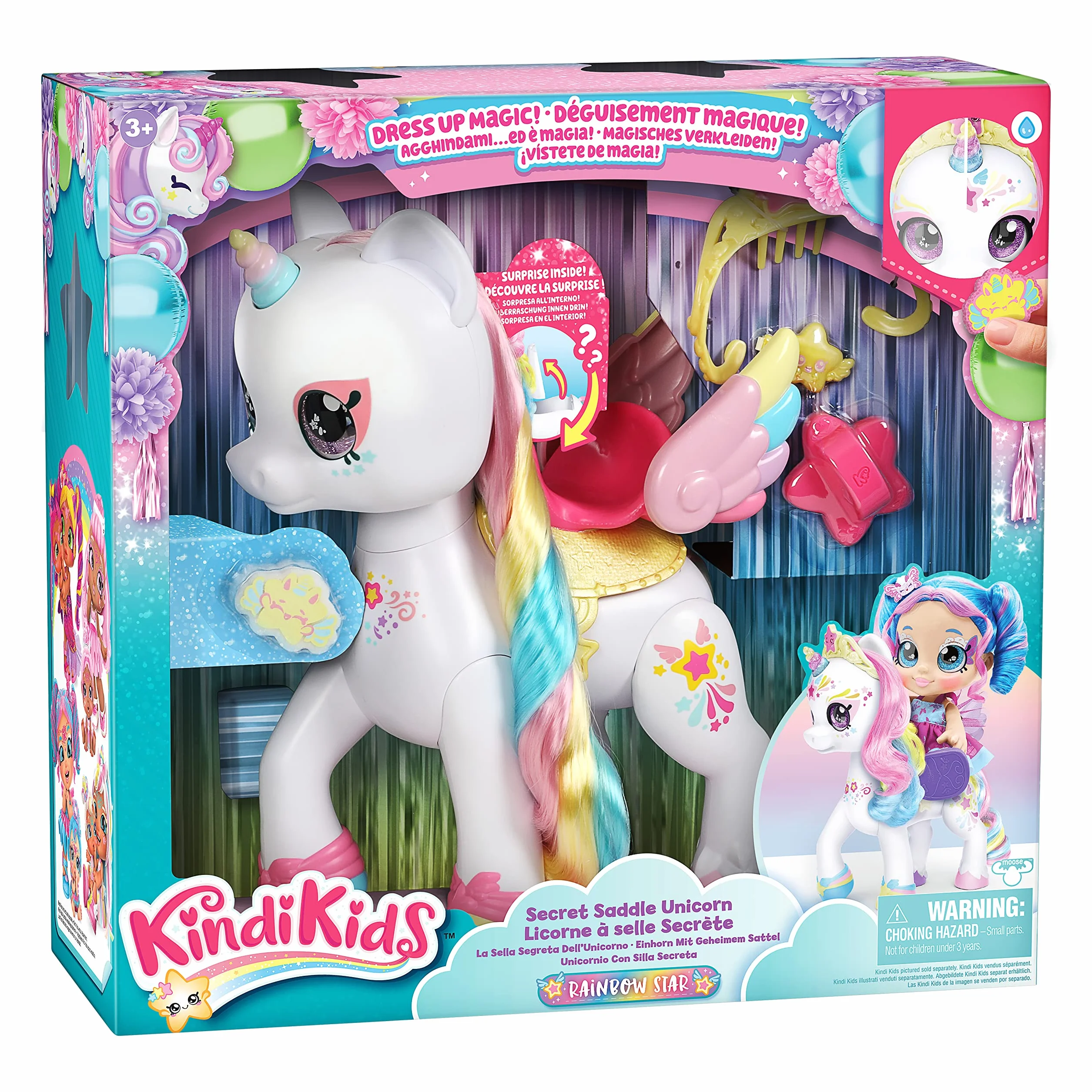 Kindi Kids Secret Saddle Makeup Dress. 1 magiczna gąbka. Akcesoria do szczotkowania i stylizacji grzywy jednorożca można znaleźć w jego siodle, 50247, Wielokolorowy, M
