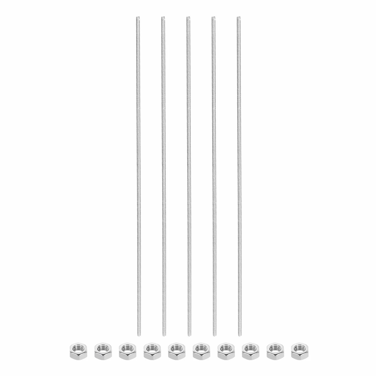QUARKZMAN Zestaw 5 prętów gwintowanych M3 x 400 mm, 10 sztuk nakrętek sześciokątnych, skok gwintu 1,25 mm, stal nierdzewna 304, gwint prawy, trzpień