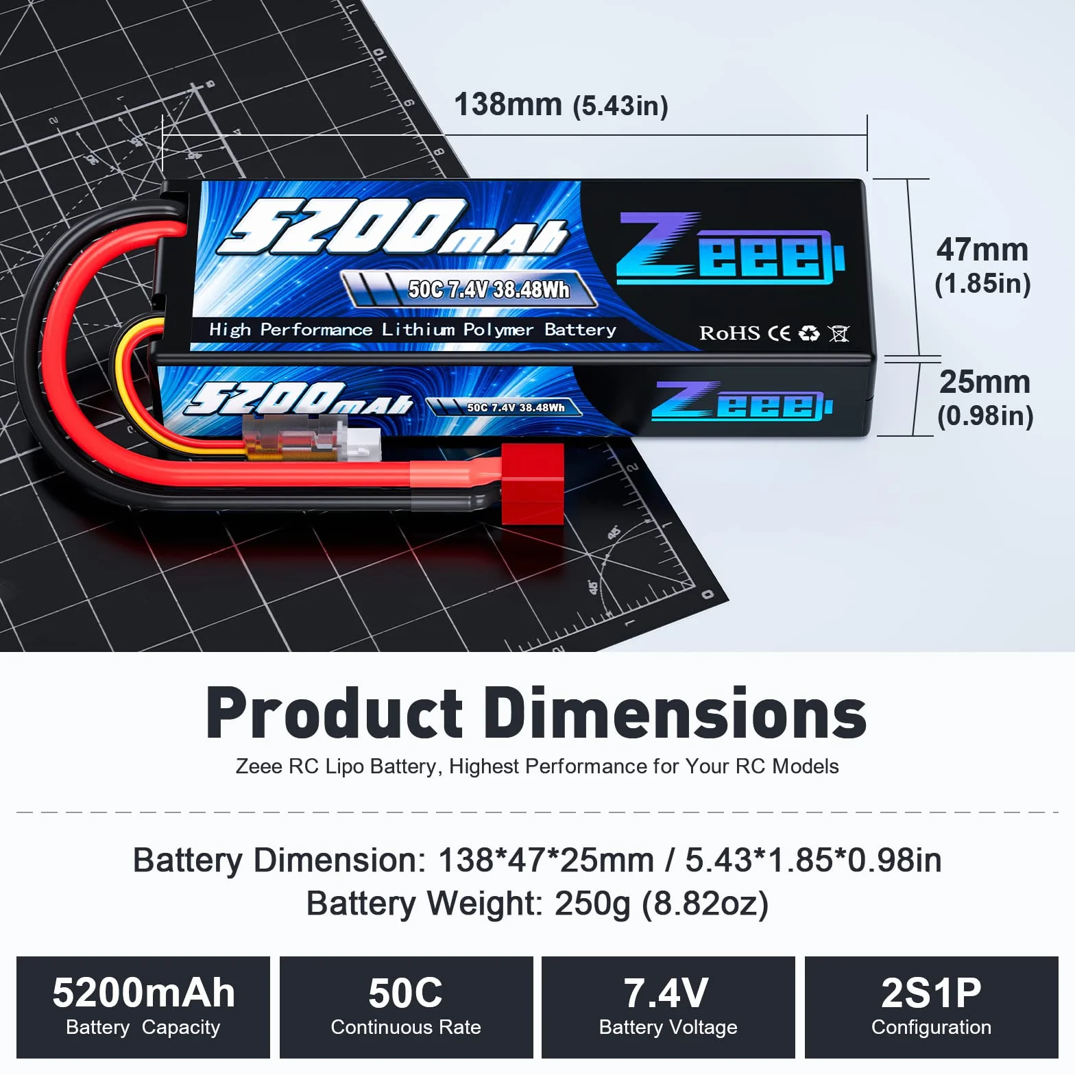Zeee 2S Lipo Bateria 7.4V 50C 5200mAh Bateria do RC z wtyczką Deans T do RC Evader BX Auto Car Truck Truggy RC Hobby-1 Pack
