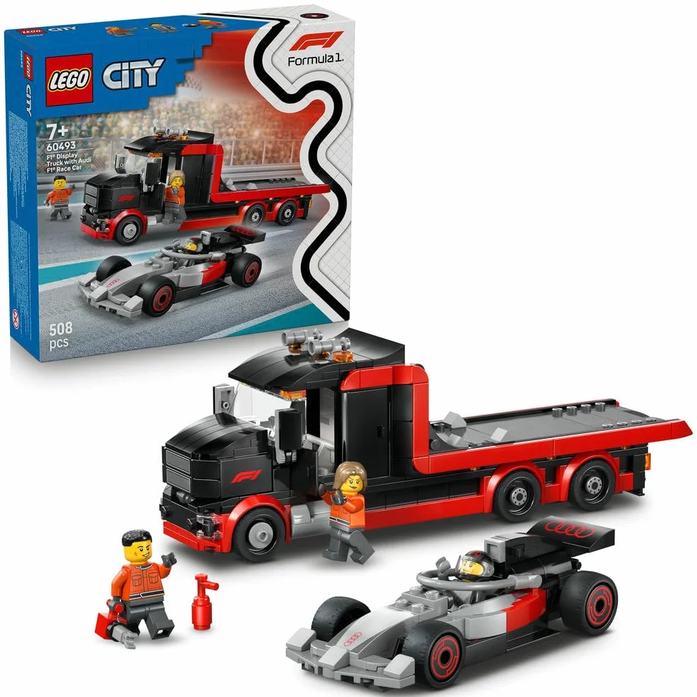 LEGO City Ciężarówka F1 z bolidem Audi F1, zabawka dla dzieci do zbudowania, pomysł na prezent dla 7-latka, dla chłopca i dziewczynki na urodziny, ozdoba na biurko dla fana wyścigówki z klocków 60493