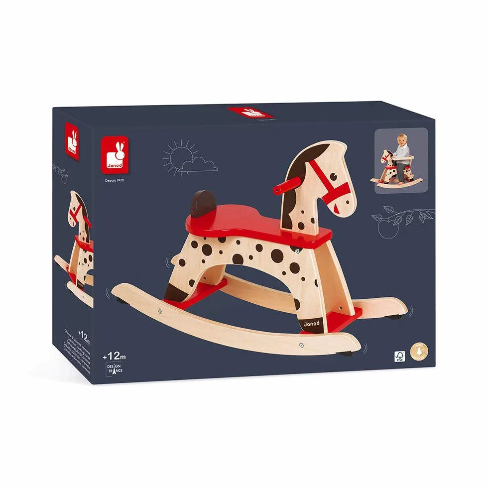 Janod - Caramel Wooden Rocking Horse - Toddler Toy - Learning Balance - For children from the Age of 1, J05984, Brown and Red