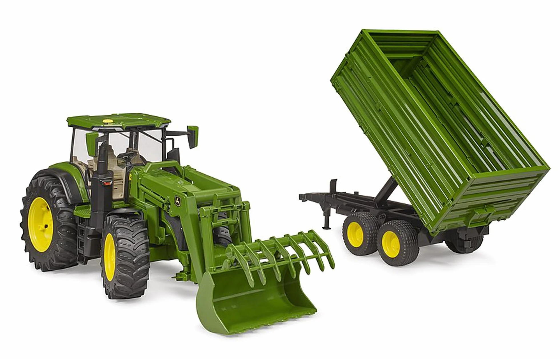 bruder 03155 - John Deere 7R 350 z ładowaczem czołowym i przyczepą transportową z osią tandemową - 1:16 Pojazd, Ciągnik, Bulldog, Rolnictwo, Farma, Przyczepa, bworld, Zabawki