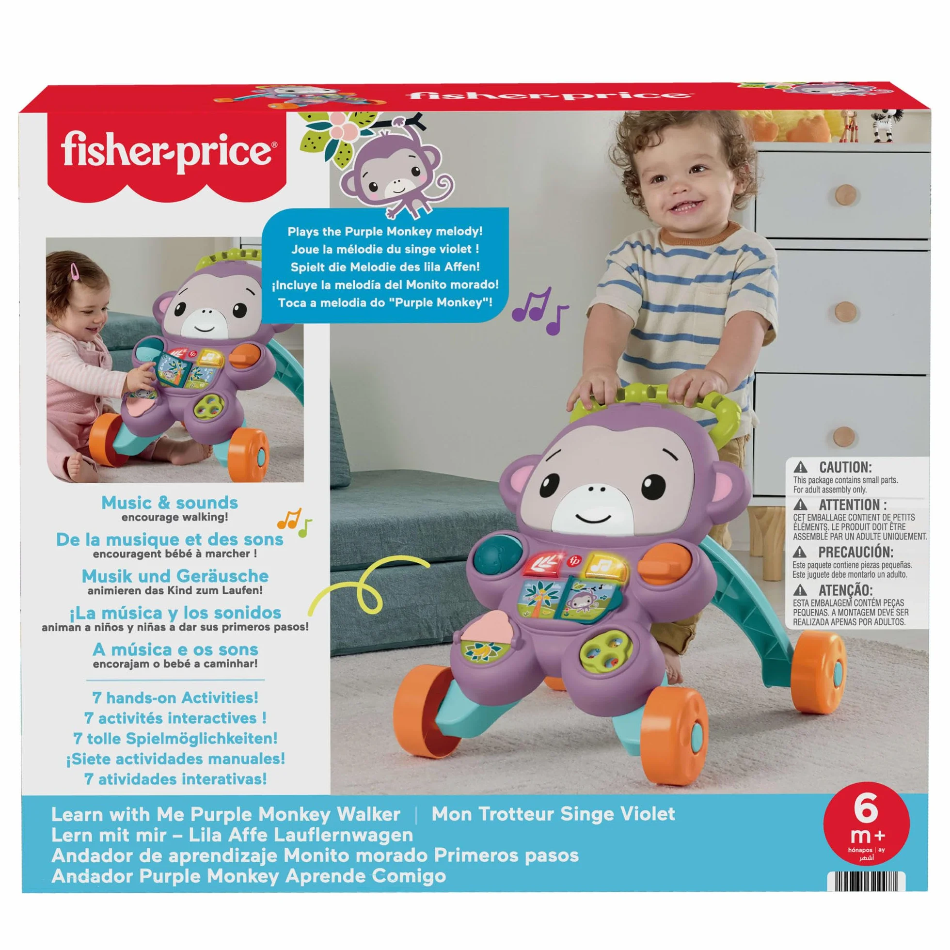 Fisher-Price Fioletowa Małpka Interaktywny Chodzik-Pchacz Muzyka, światełka i elementy aktywizujące, interaktywna zabawka dla dzieci od 6 miesiąca życia, JGW90