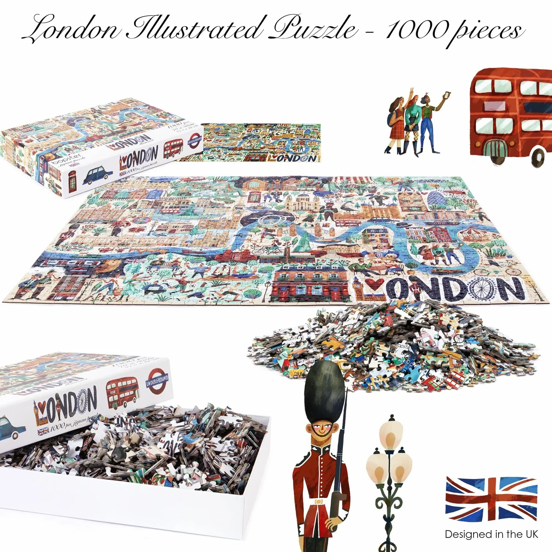 Londyn puzzle 1000 elementów, ilustrowana scena miejska z królową Elżbietą II i królem Karolem III, puzzle dla dorosłych i dzieci, karta w 100% z recyklingu, autorstwa Bopster