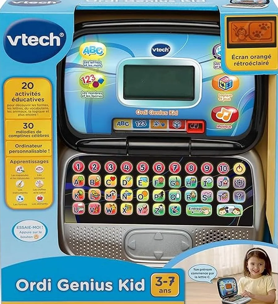 VTech Ordi Genius Kid Black komputer dla dzieci z podświetlanym ekranem 20 zajęć i gier edukacyjna zabawka od 3 do 7 lat