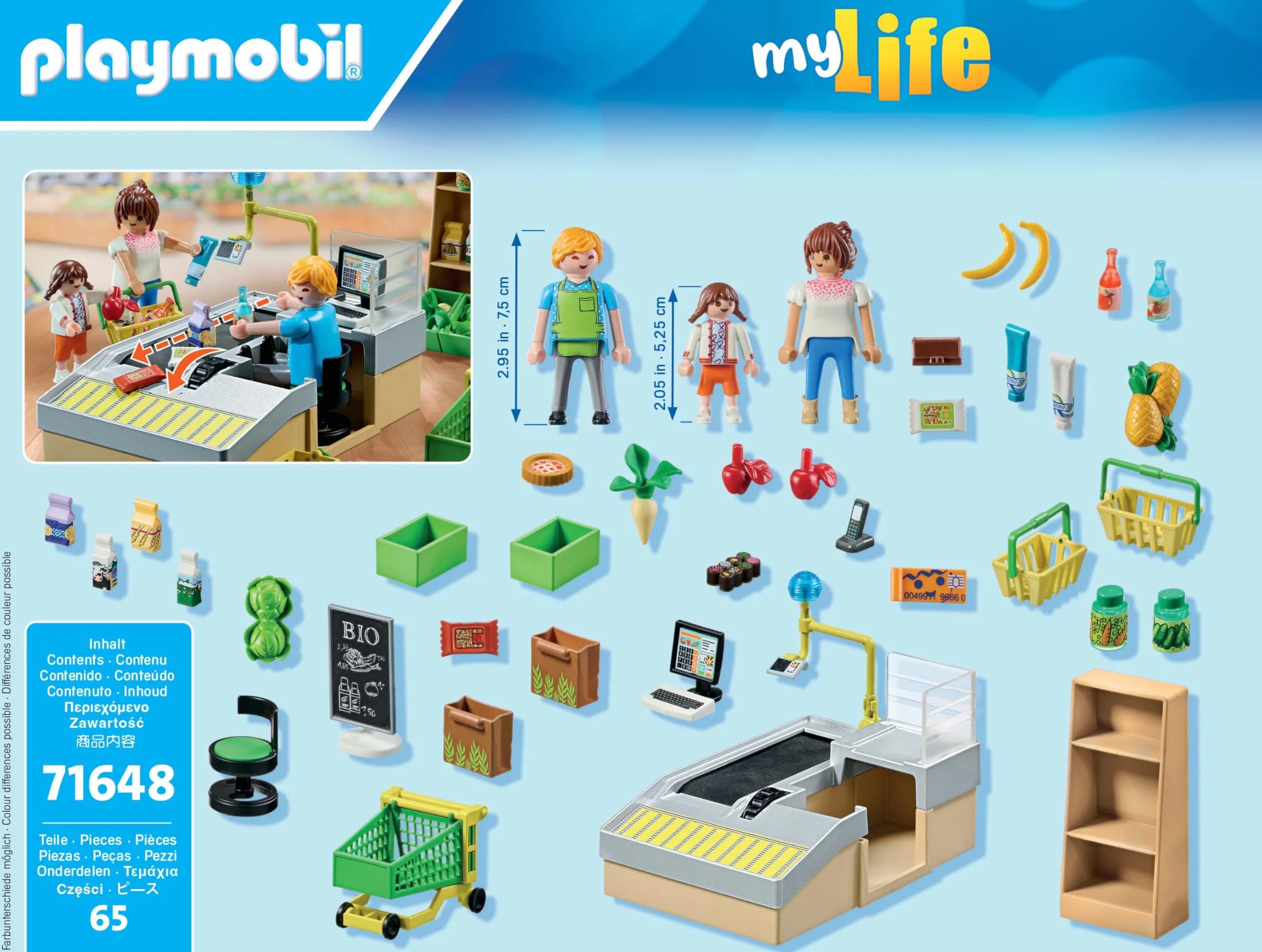 PLAYMOBIL MyLife Promo Pack 71648 Ekologiczny supermarket, zestaw z serii Promo Packs, w zestawie kasa sklepowa z taśmą, wózek na zakupy oraz trzy figurki, zestaw odpowiedni dla dzieci od 4 roku życia