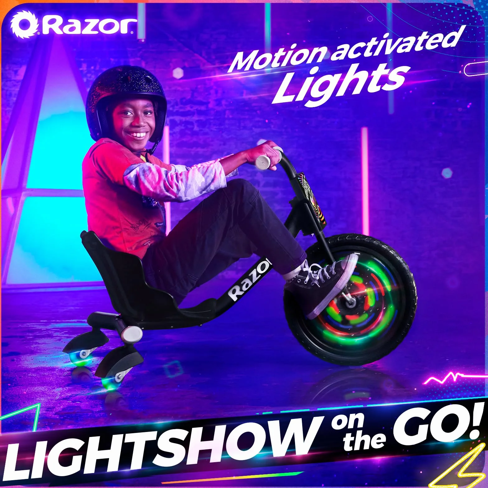 Razor RipRider 360 Lightshow - Trike z odlewami tylnymi i aktywowanymi ruchem wielokolorowymi światłami, 3-kołowy drifting dla dzieci w wieku 5 i powyżej