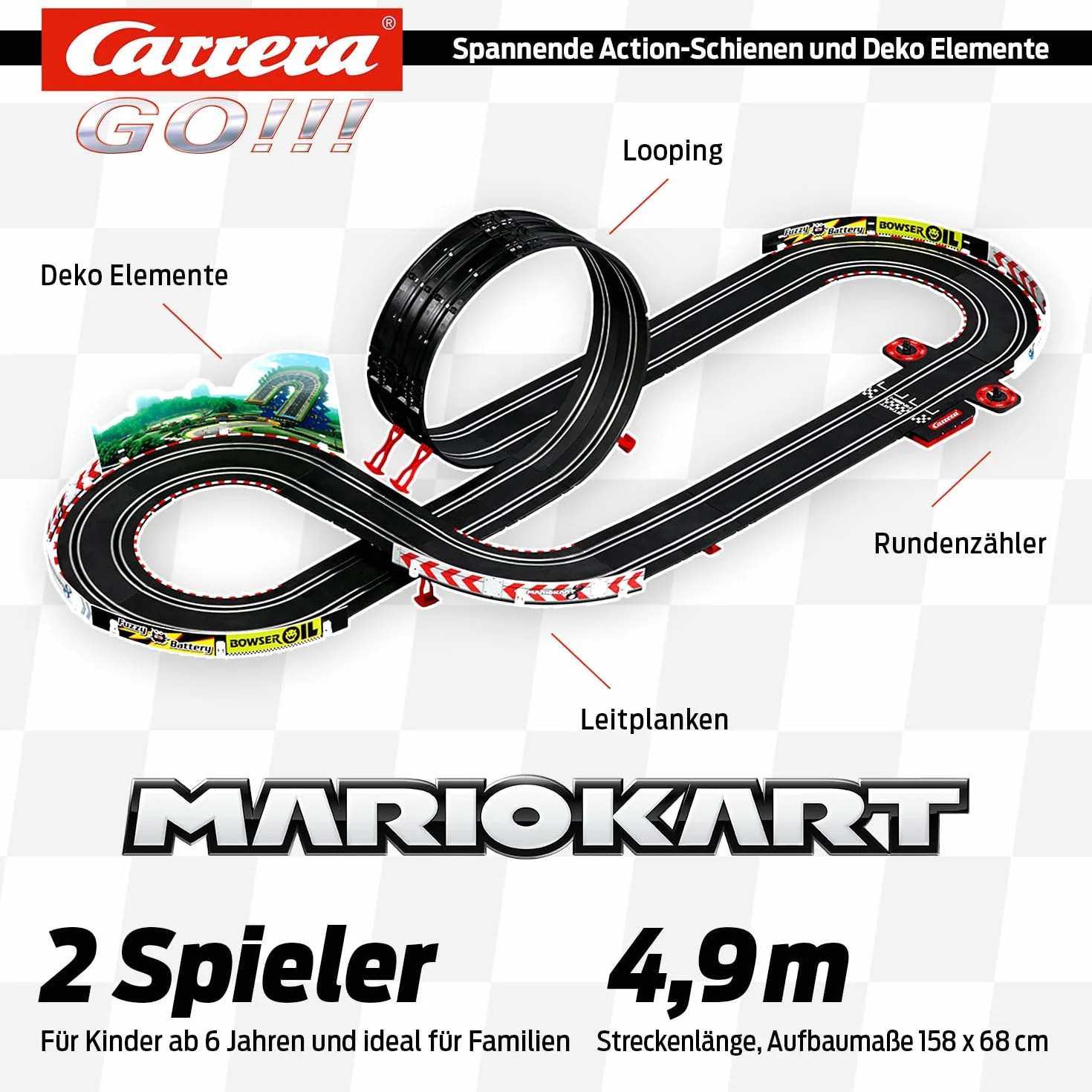 Carrera Go!!! Mario Kart™ - P-Wing zestaw torów wyścigowych z Mario i Yoshi | 2 automaty z 2 regulatorami ręcznymi z przyciskiem turbo | pełen akcji odcinek 4,9 m wraz z loopingiem, licznikiem okrążeń