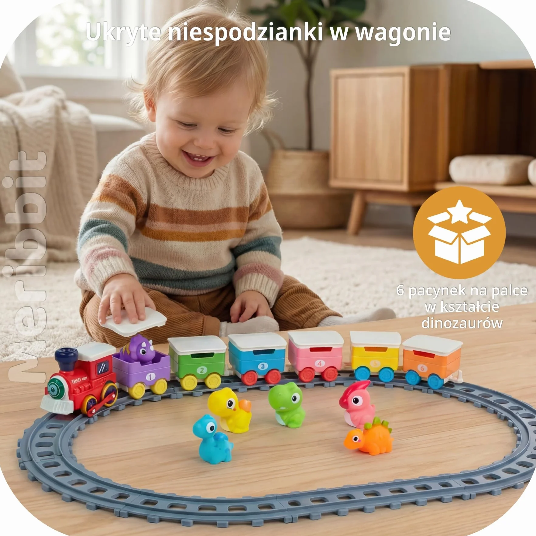Kolejka z Torami, Światło i Efekt Pary, Dinozaury Pacynki na Palce, Zabawki Montessori Sensoryczne, Edukacyjne dla Dzieci 2 Lata, Prezent 1-3 Lata