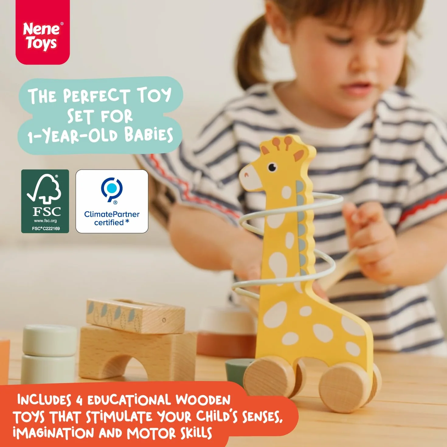 Nene Toys Zestaw Montessori dla Malucha 1+ – 4-w-1 Drewniane Zabawki Sensoryczne: Piramidka, Deszczownica, Labirynt z Żyrafą i Klocki Aktywności – Edukacyjny Prezent dla Dzieci 1–3 lata
