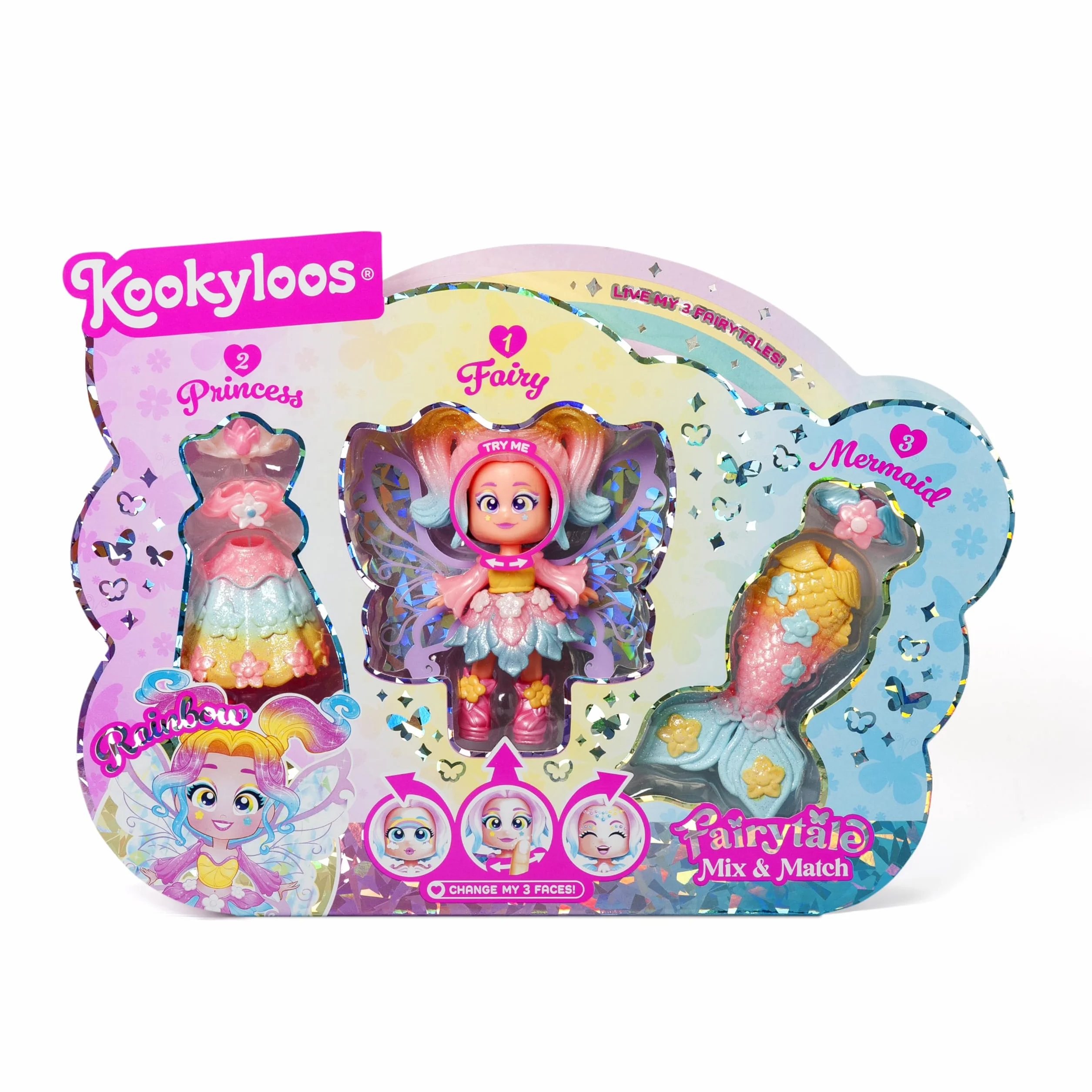 KOOKYLOOS Fairytale Mix & Match Rainbow – lalka fantasy 3 w 1, zawiera 1 lalkę, 1 kostium księżniczki, 1 strój syrenki i 1 strój wróżki