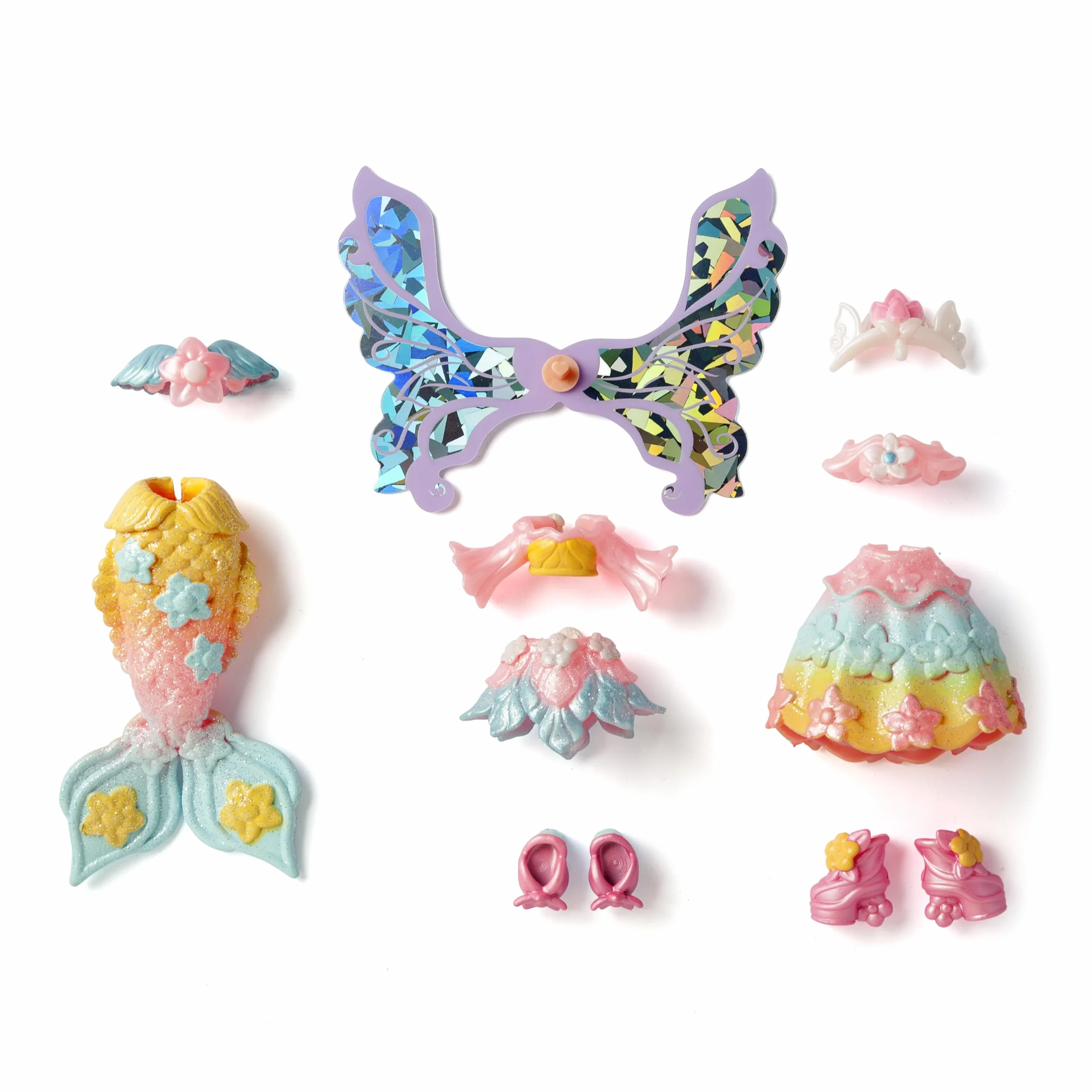 KOOKYLOOS Fairytale Mix & Match Rainbow – lalka fantasy 3 w 1, zawiera 1 lalkę, 1 kostium księżniczki, 1 strój syrenki i 1 strój wróżki