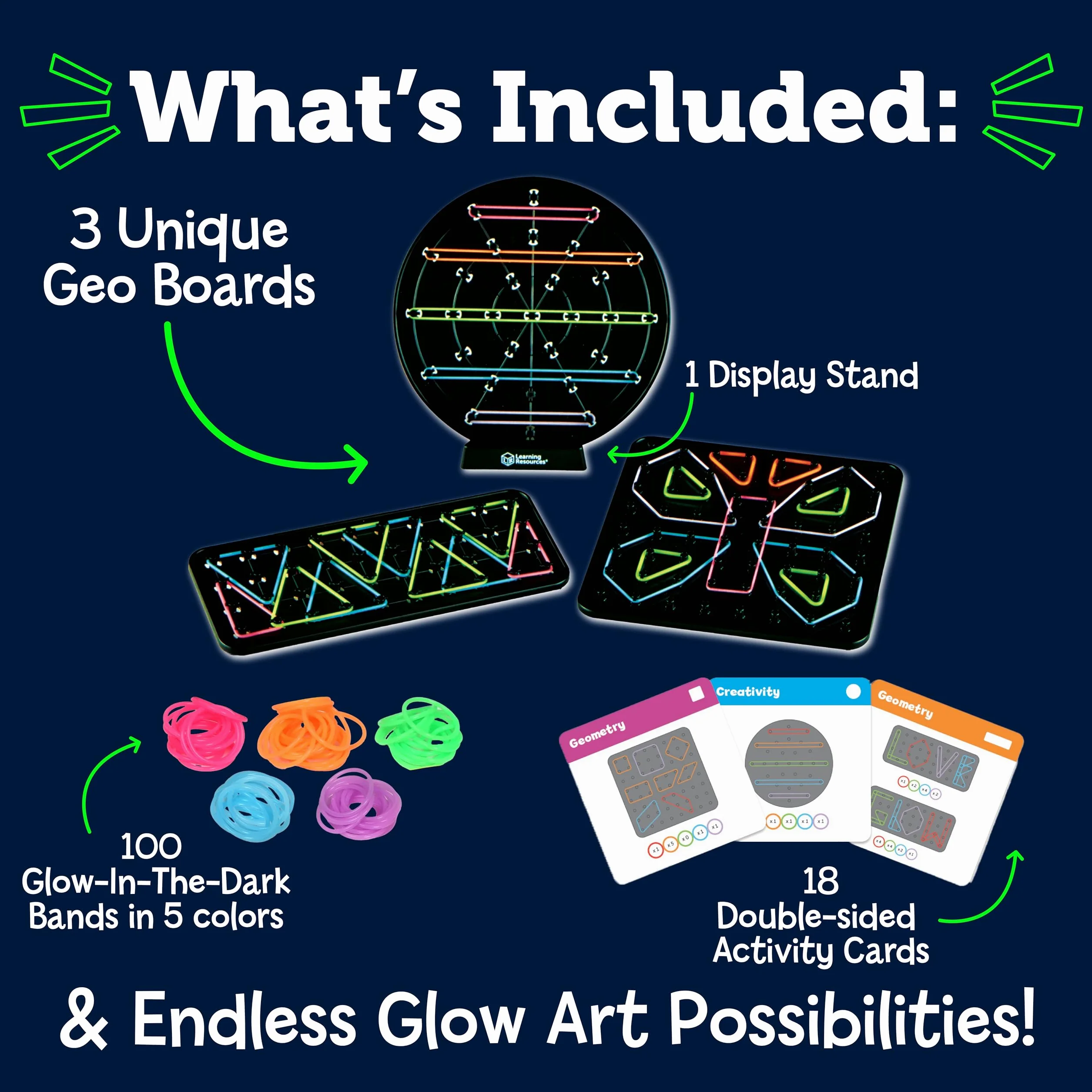 Learning Resources GEO Glow Boards – Świecące Geobordy STEM, Budowanie i Kształty 5+ Lat