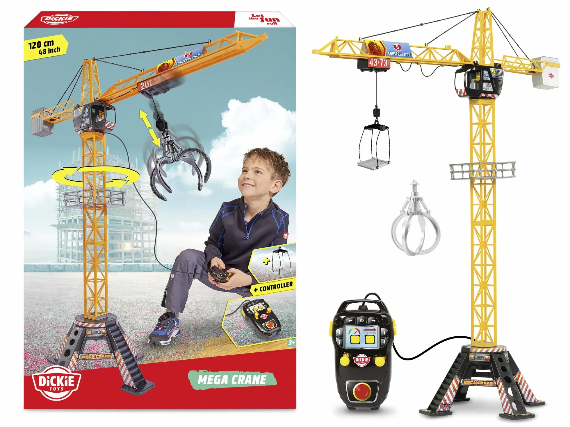 Dickie Toys 203462412 MEGA CRANE Zabawkowy Dźwig zdalnie sterowany z pilotem kablowym, obrotowa kabina i wózek obraca się o 360 stopni, wysokość 120 cm, żuraw przeznaczony dla dzieci od 4 lat