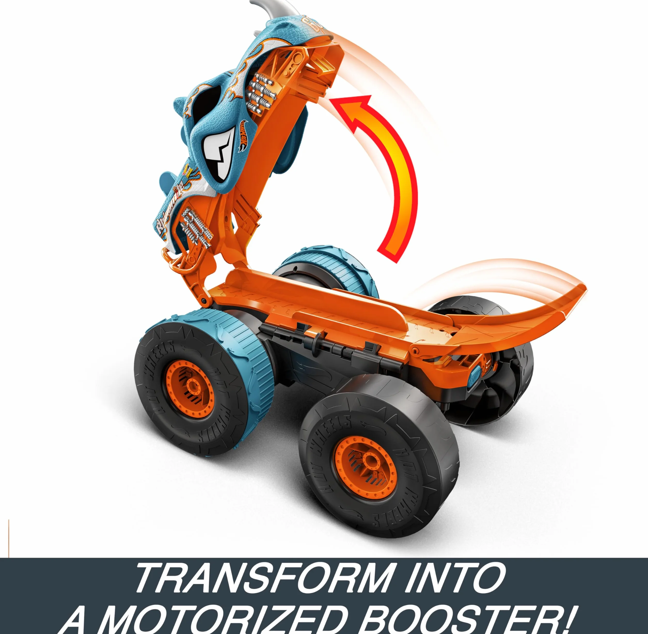 Hot Wheels Monster Trucks R/C Rhinomite Mega Transformacja Pojazd zdalnie sterowany 1:12 + pojazd Race Ace w skali 1:64, transformacja w wyrzutnię, łączy się z pomarańczowym torem, HPK27