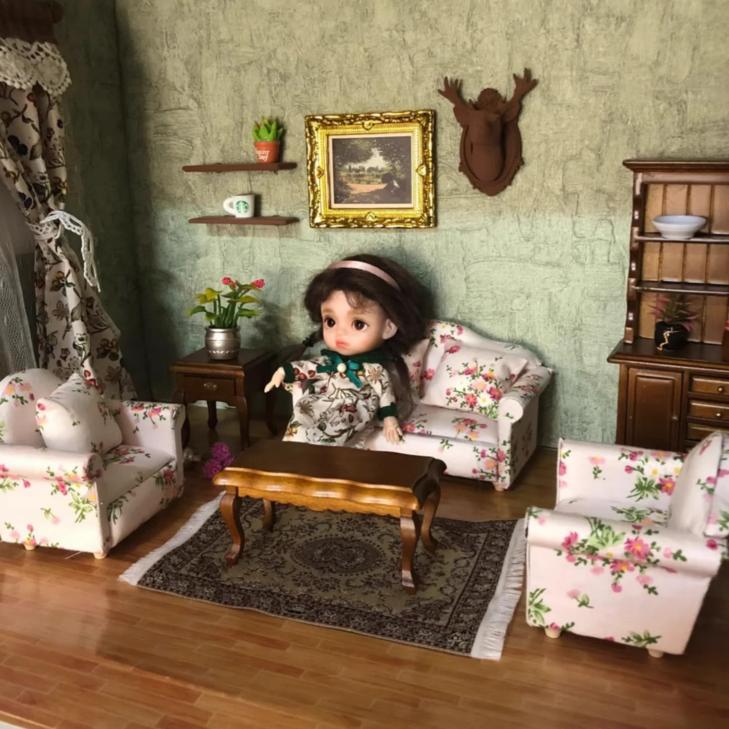 Miniaturowe meble domek dla lalek zestaw kanapa fotel 1/12 model zrób to sam różowe kwiaty