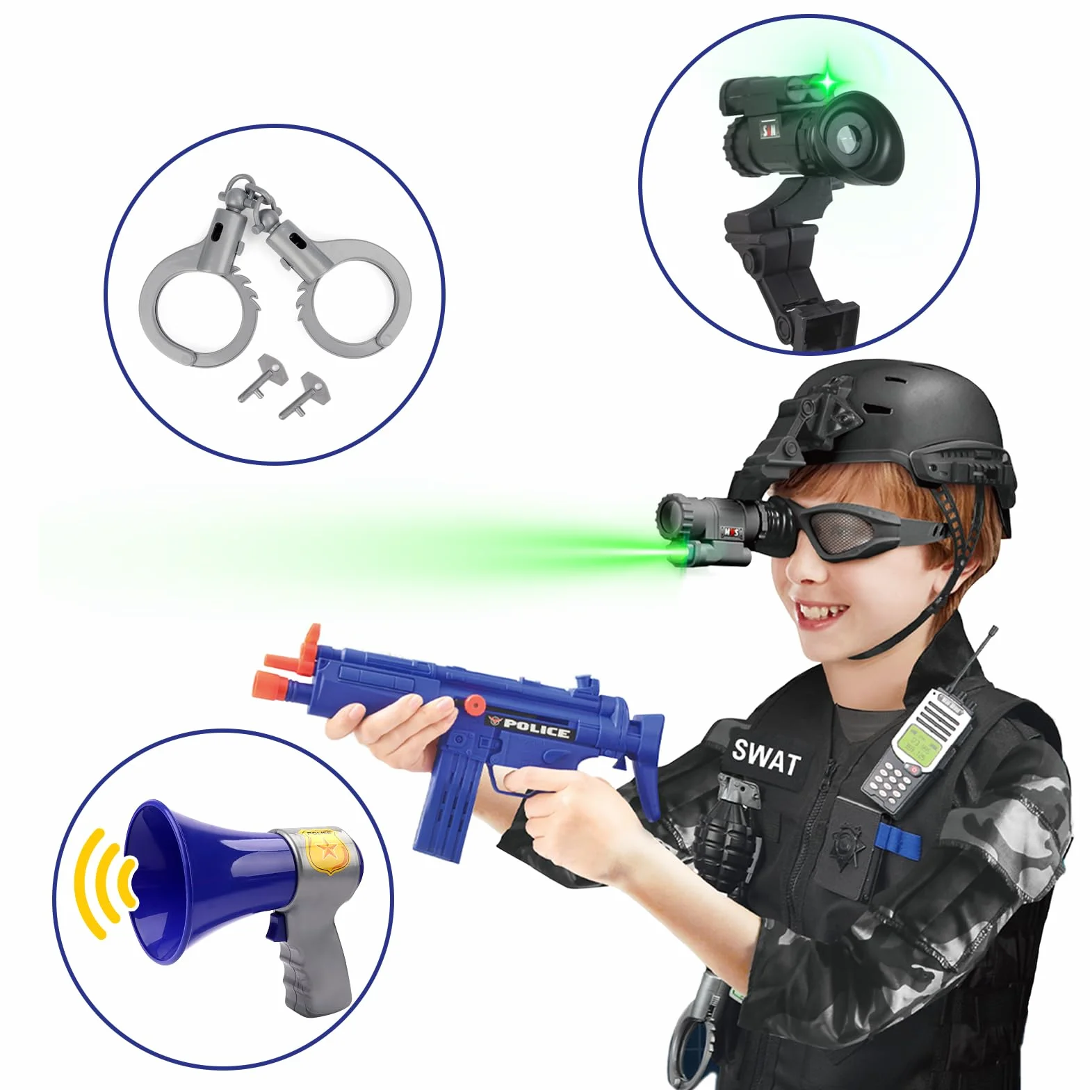 deAO przebranie policjanta, kostium policjanta dla dzieci z kamizelką, kaskiem, kajdankami, okularami, walkie-talkie itd., 18 szt. akcesoriów policyjnych