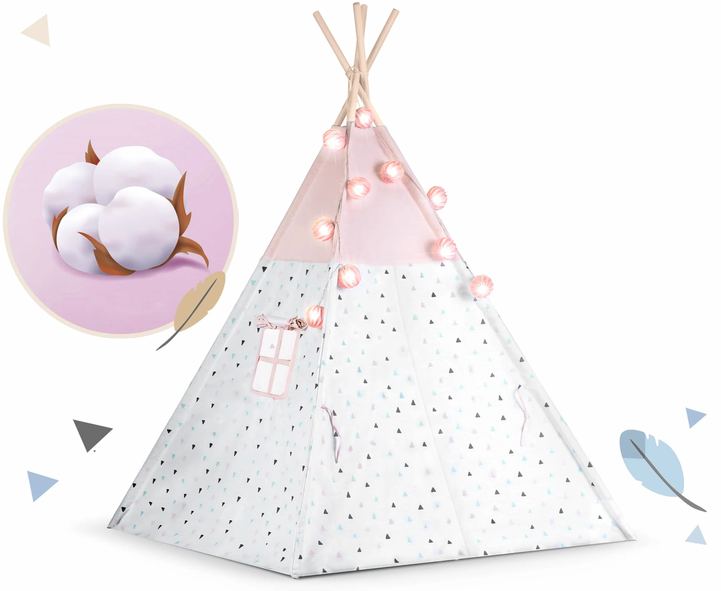 NUKIDO Namiot Dziecięcy Tipi w Stylu Montessori Bawełna i Drewniany Stelaż z Matą Izolacyjną 3 Poduchami Girlandą i Światełkami Przewiewny Różowy