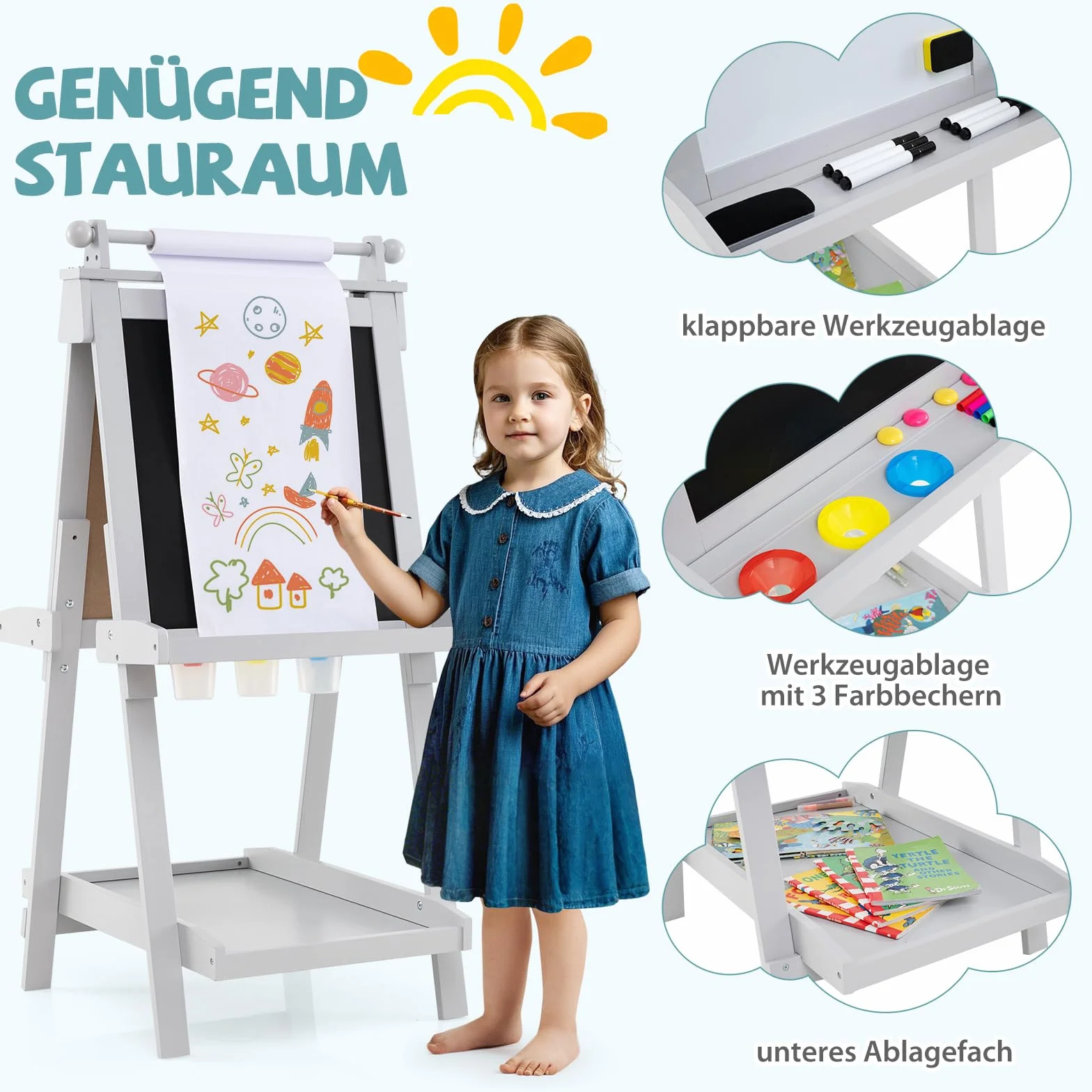 COSTWAY Tablica dla dzieci, składana sztaluga z regulacją wysokości z białą tablicą i tablicą magnetyczną, dwustronna tablica dziecięca z rolką papierową i 3 miseczkami do malowania, składana tablica